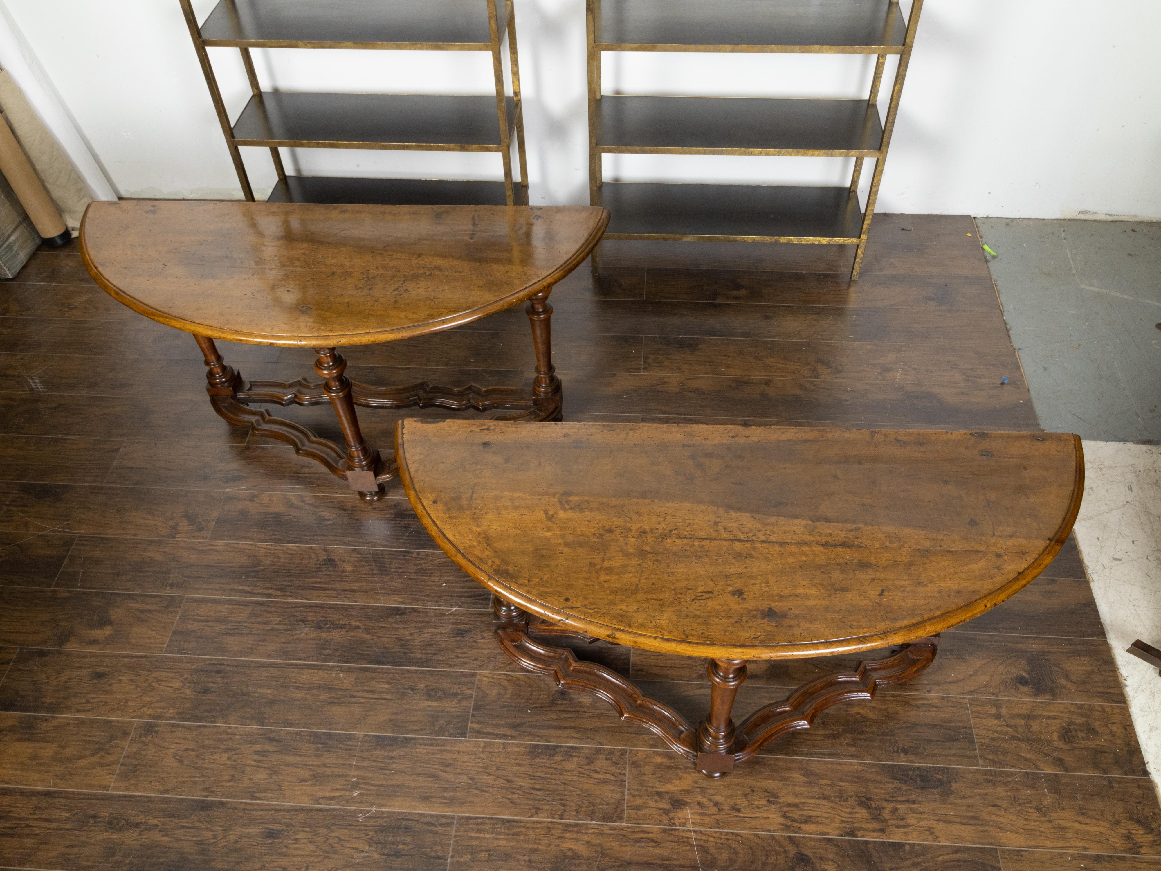 Pair of Italian 1800s Baroque Style Walnut Demilunes with Carved Stretchers For Sale 5