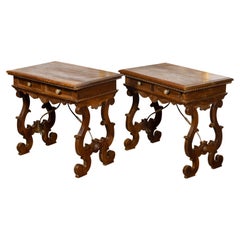 Antique Pair of Italian 1800s Baroque Style Walnut Tables with Drawers and Lyre Bases