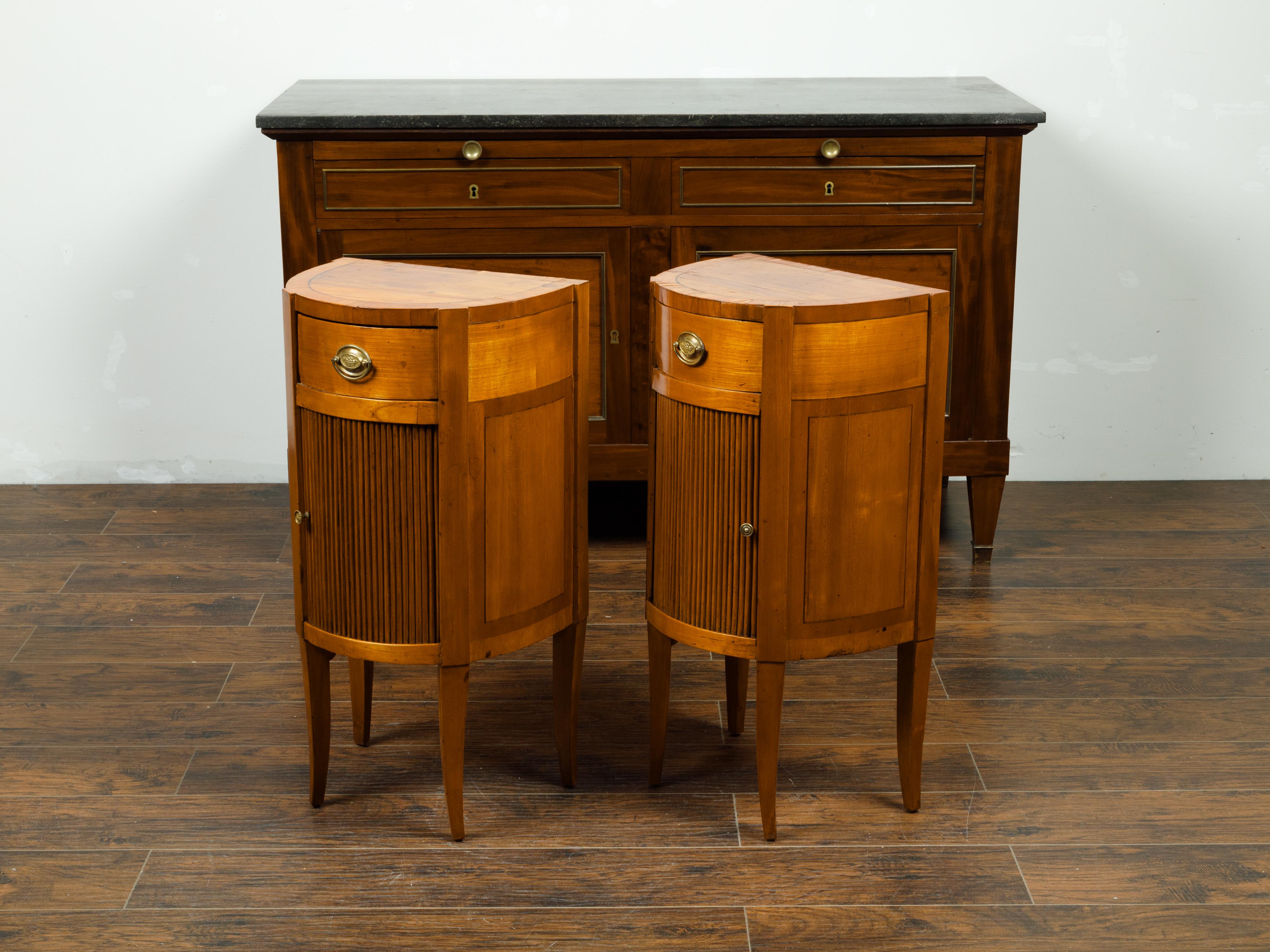 Pair of Italian 1800s Walnut Demilune Bedside Tables with Tambour Doors For Sale 3