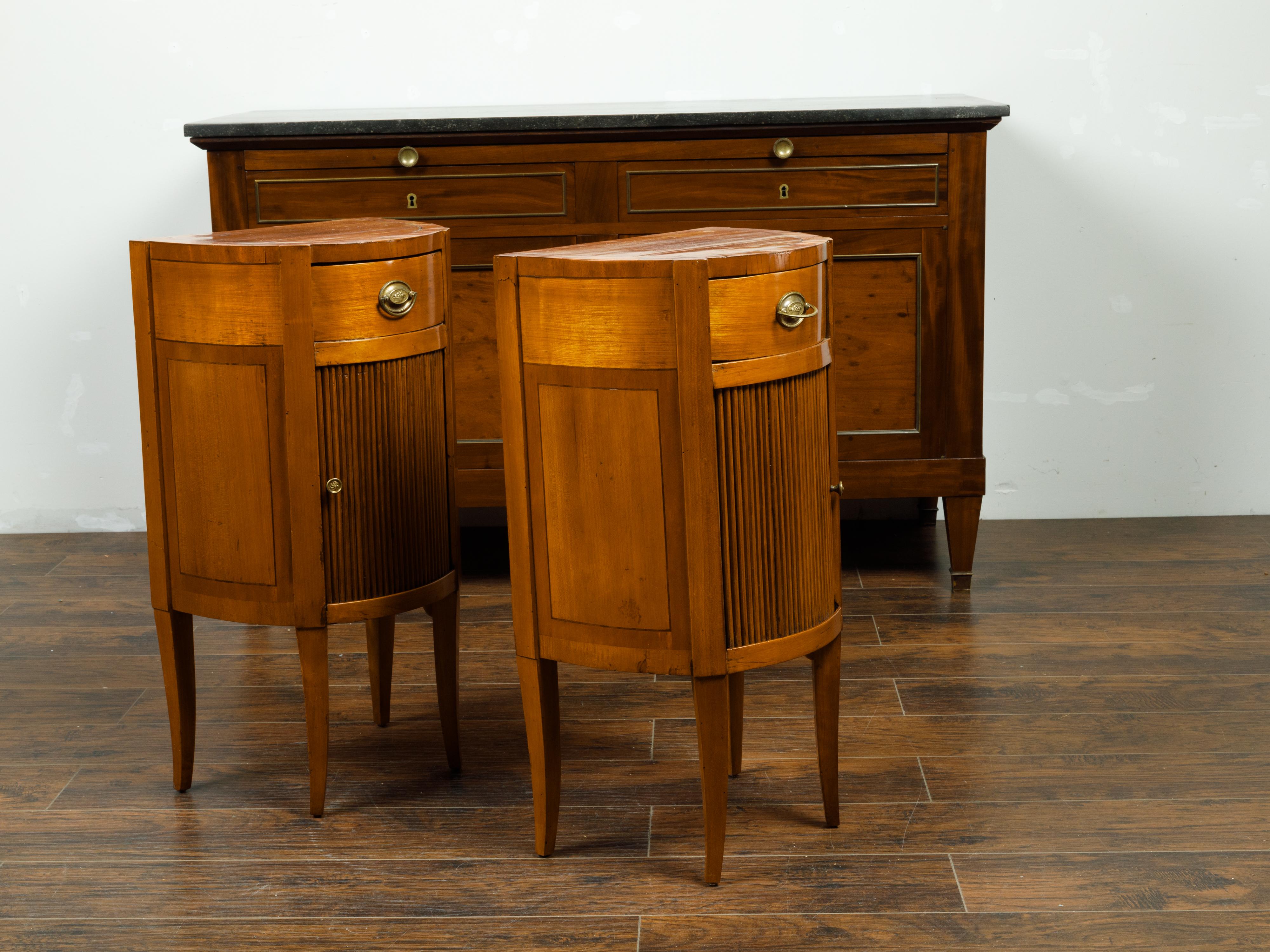 Pair of Italian 1800s Walnut Demilune Bedside Tables with Tambour Doors In Good Condition For Sale In Atlanta, GA