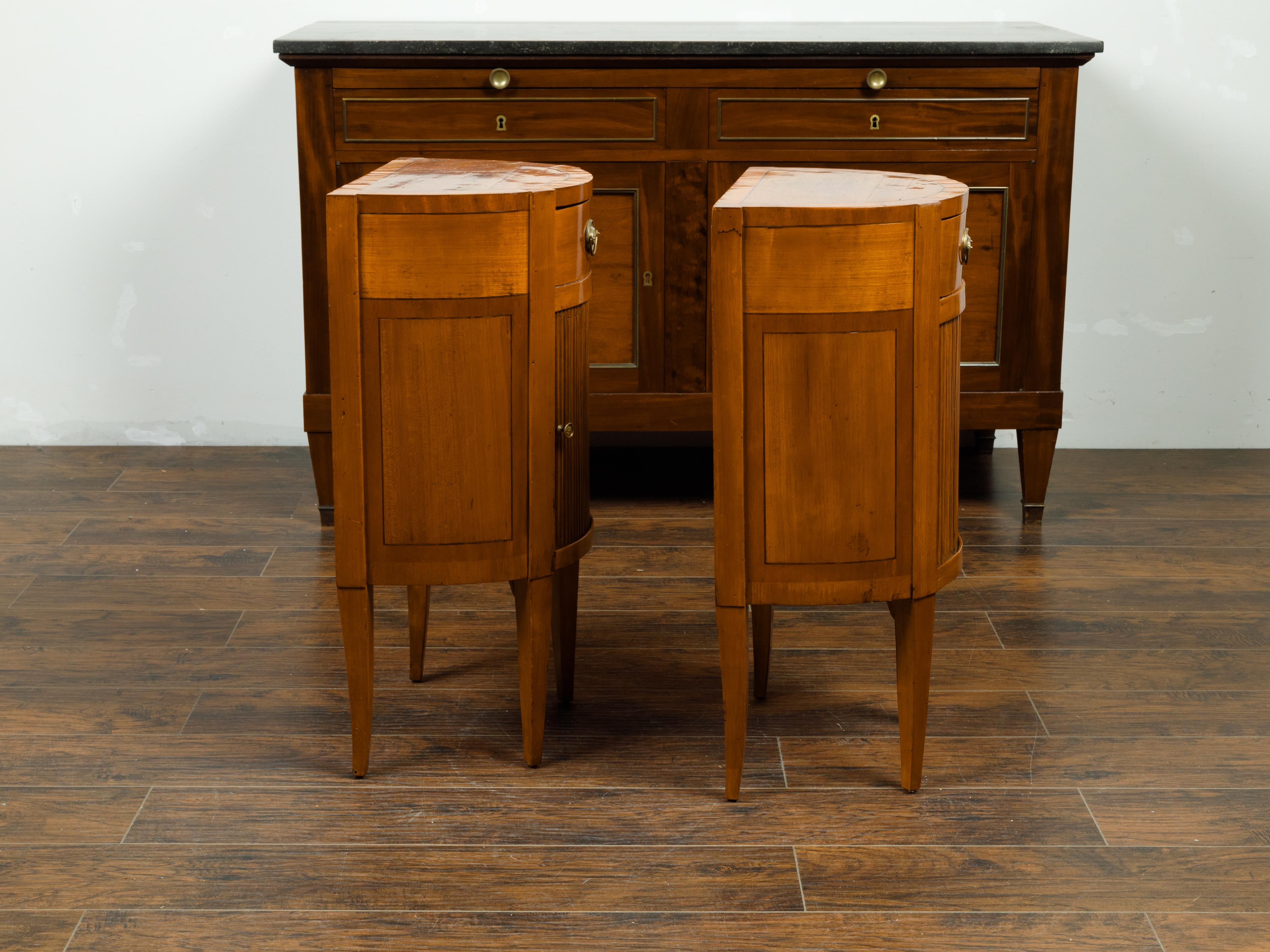 19th Century Pair of Italian 1800s Walnut Demilune Bedside Tables with Tambour Doors For Sale