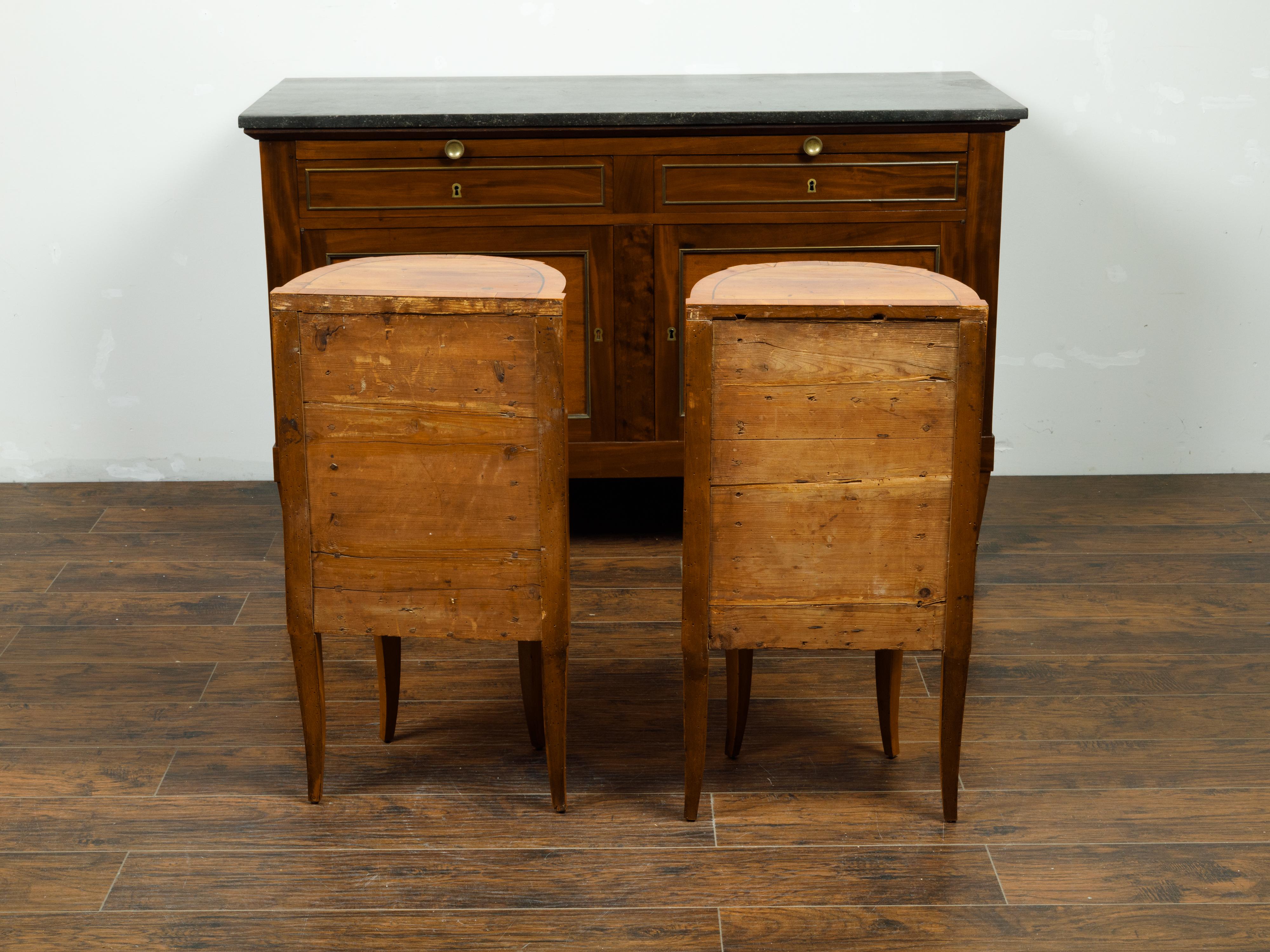 Pair of Italian 1800s Walnut Demilune Bedside Tables with Tambour Doors For Sale 1