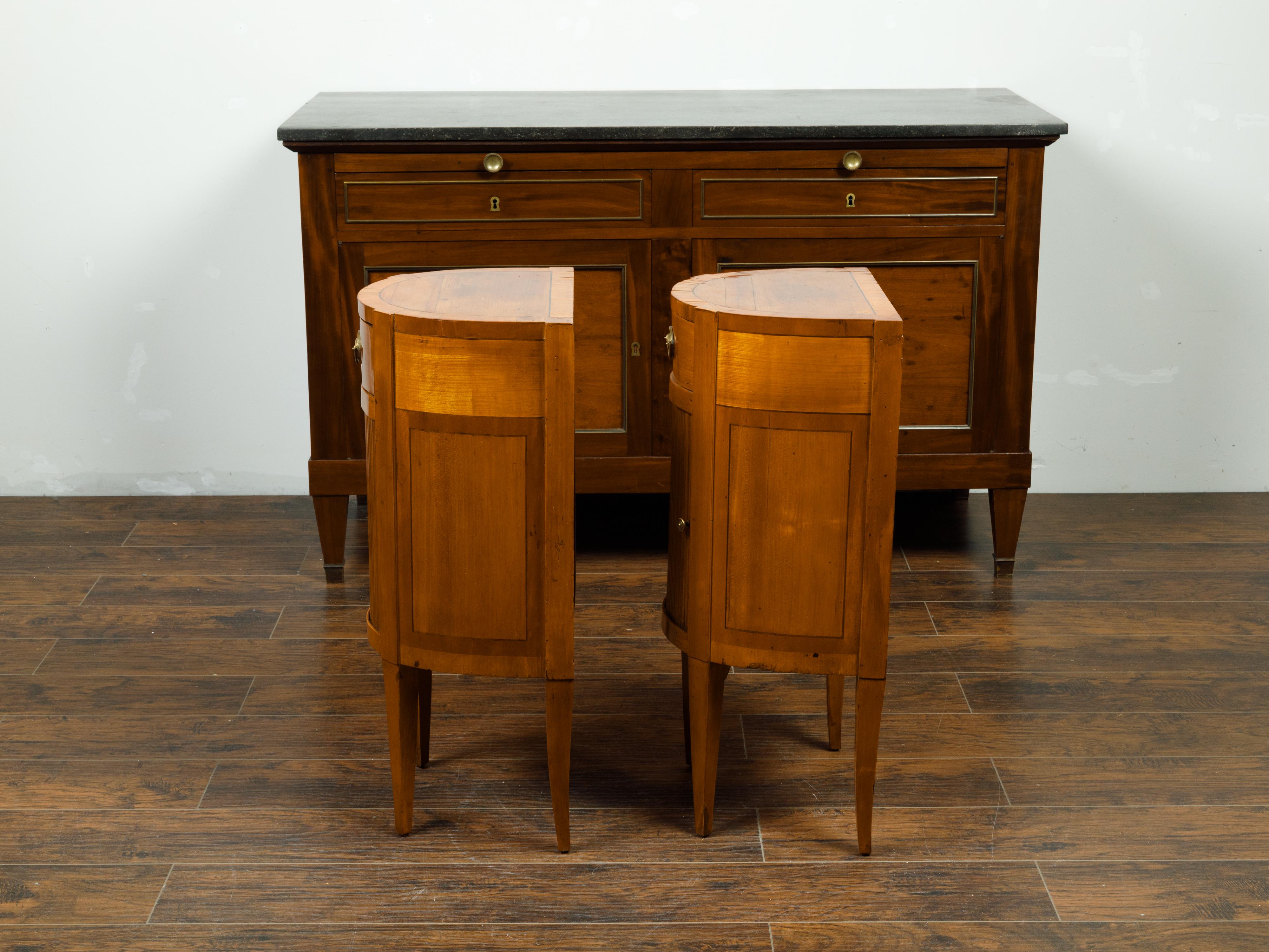 Pair of Italian 1800s Walnut Demilune Bedside Tables with Tambour Doors For Sale 2