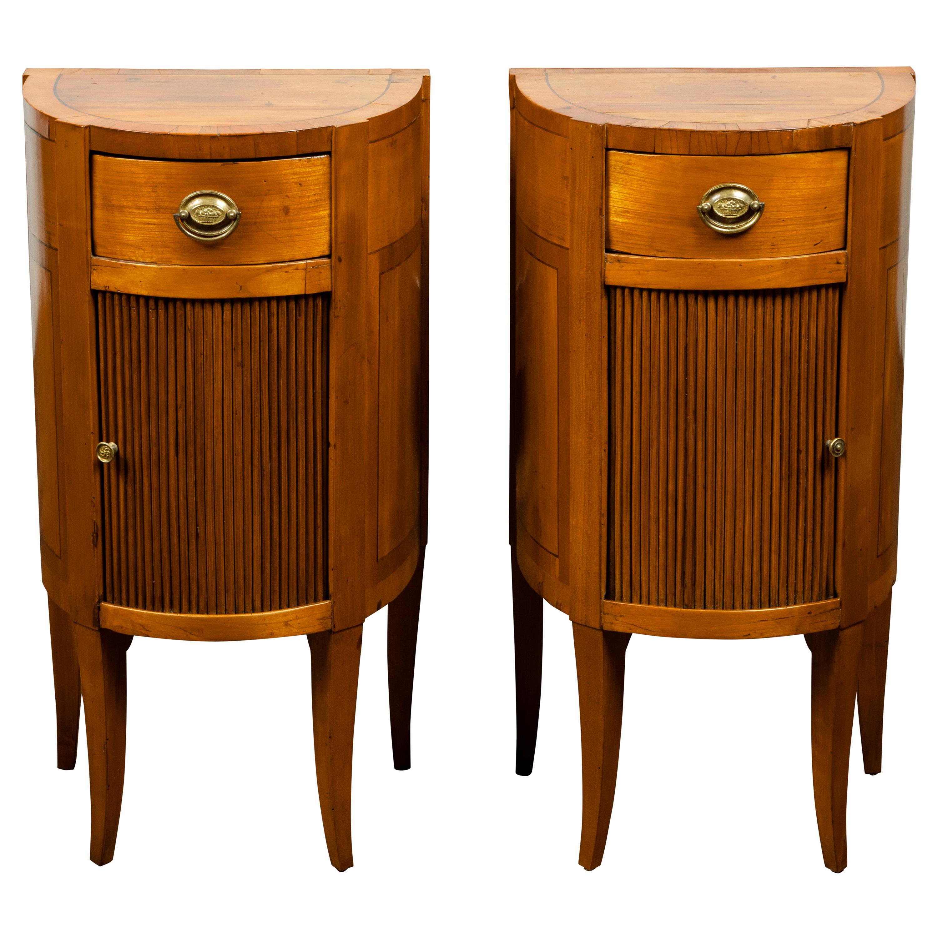 Pair of Italian 1800s Walnut Demilune Bedside Tables with Tambour Doors For Sale