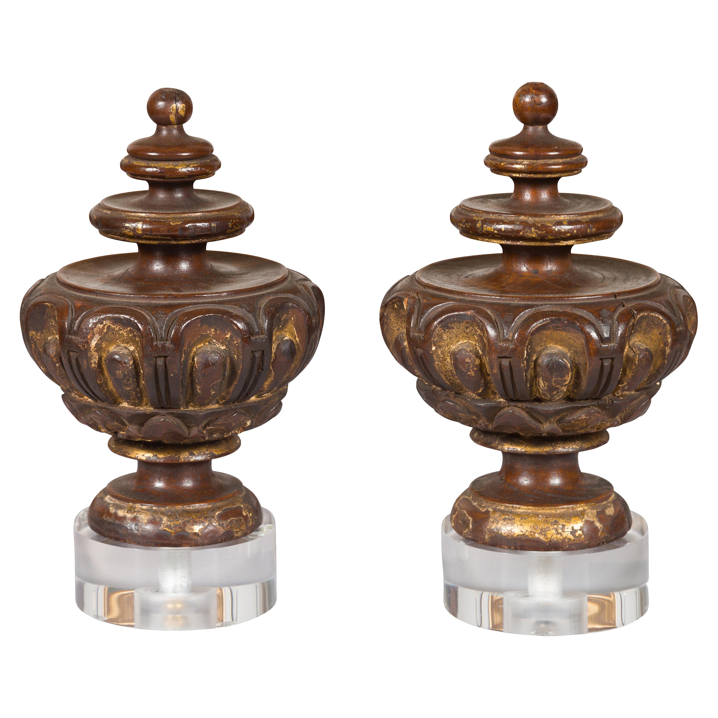 Pair of Italian 1800s Walnut Fragments Carved All the Way Around, with Lucite