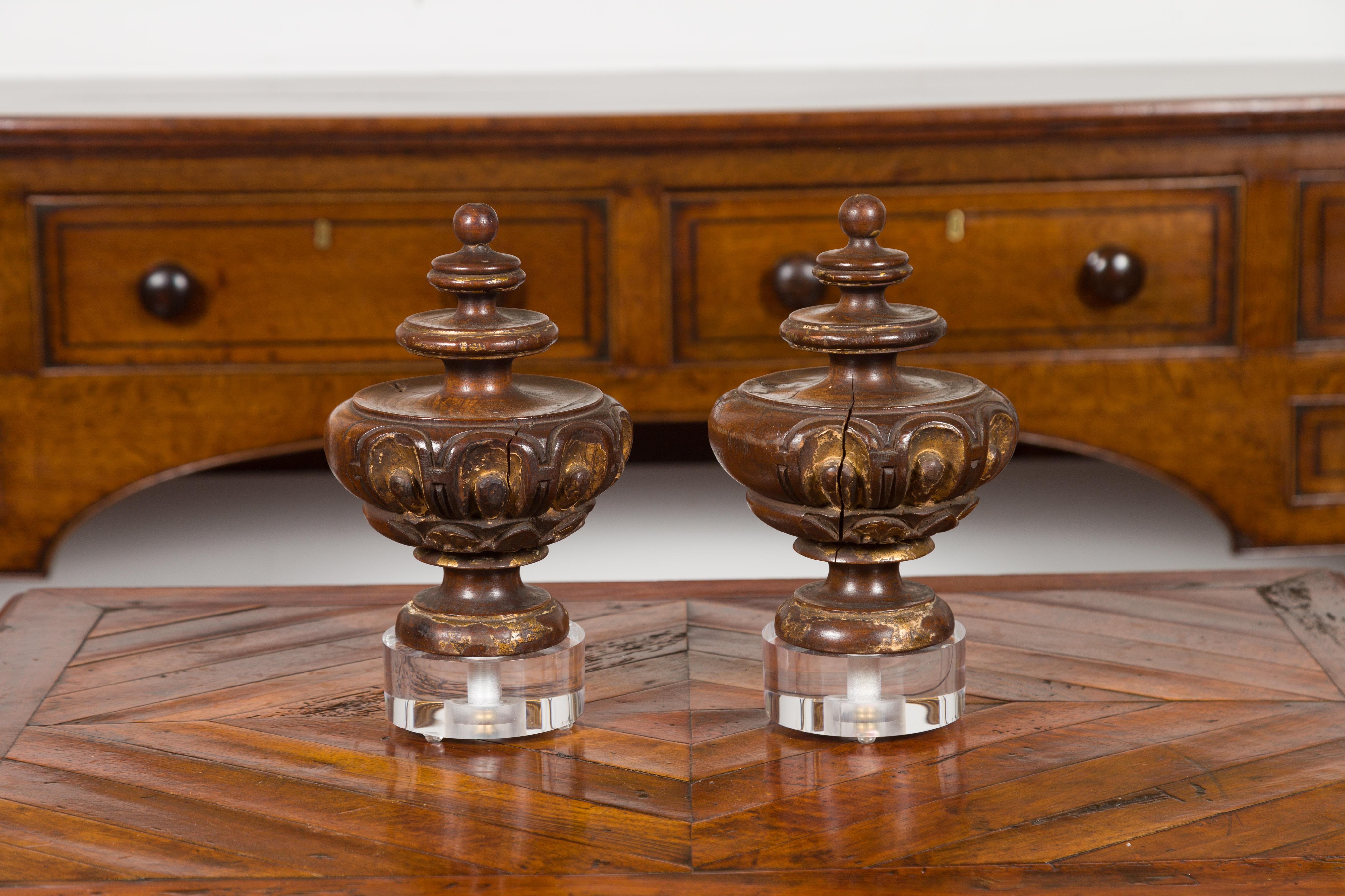 Pair of Italian 1800s Walnut Fragments Carved in the Front, with Lucite Bases For Sale 1