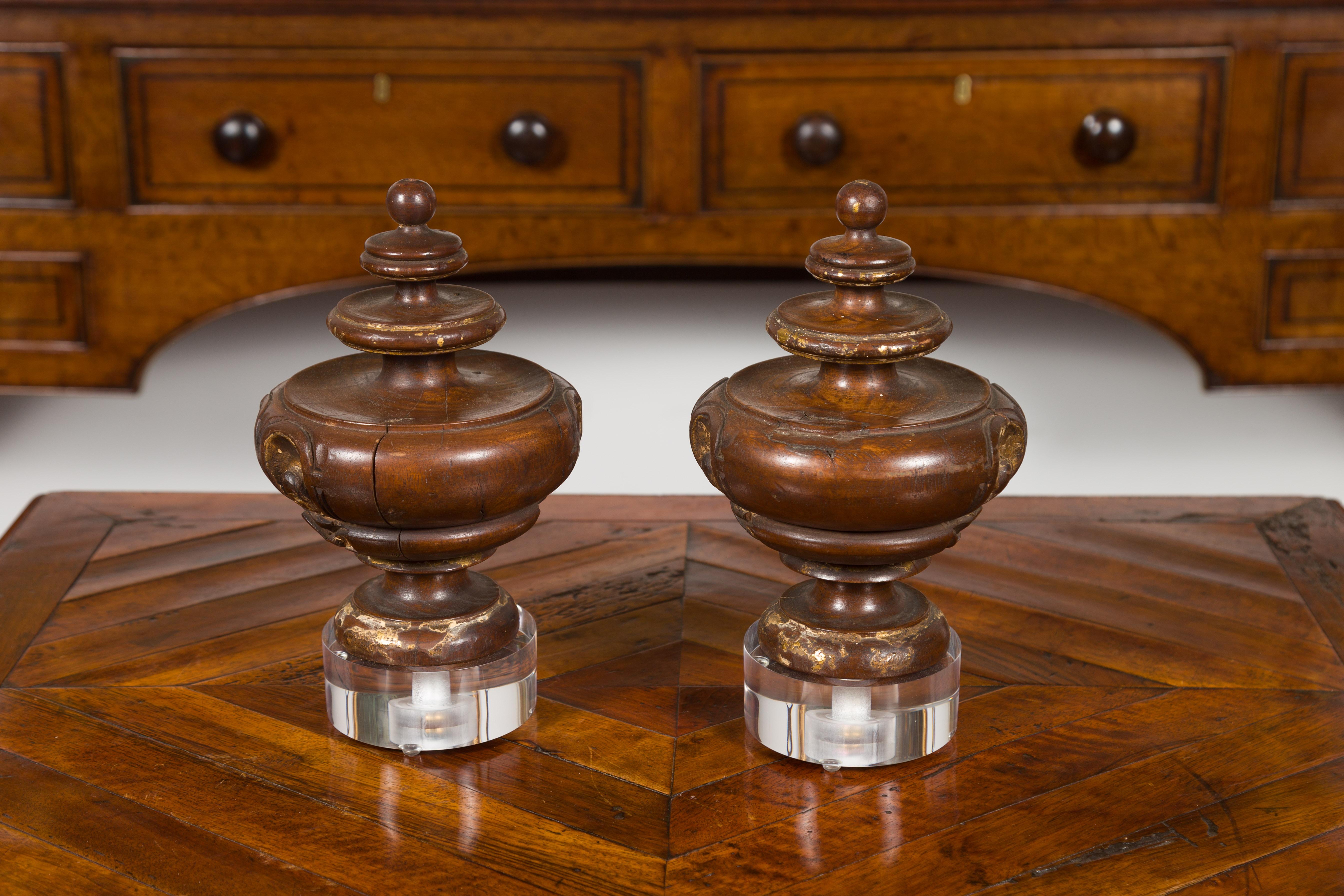Pair of Italian 1800s Walnut Fragments Carved in the Front, with Lucite Bases For Sale 3