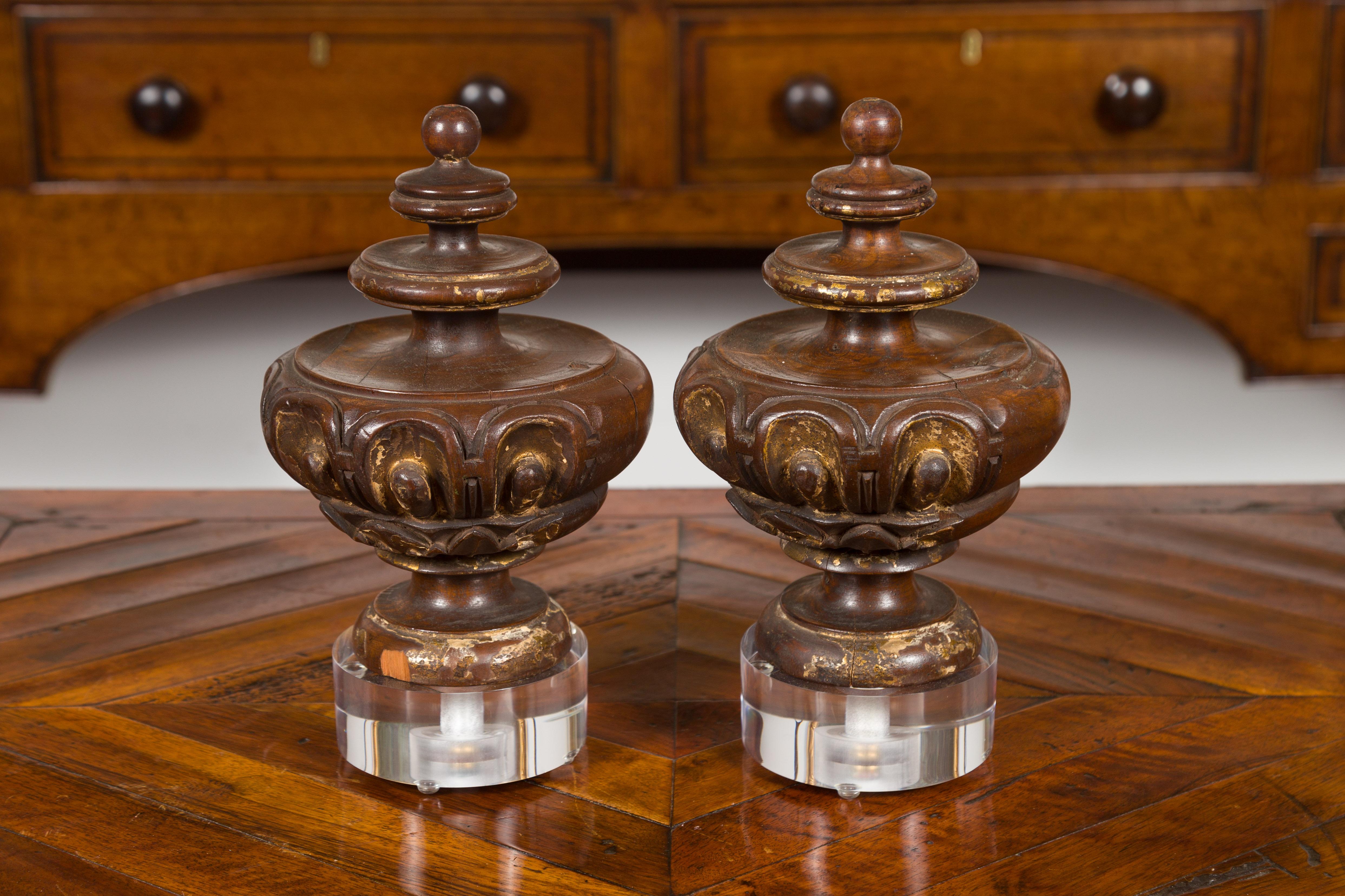 Pair of Italian 1800s Walnut Fragments Carved in the Front, with Lucite Bases For Sale 4