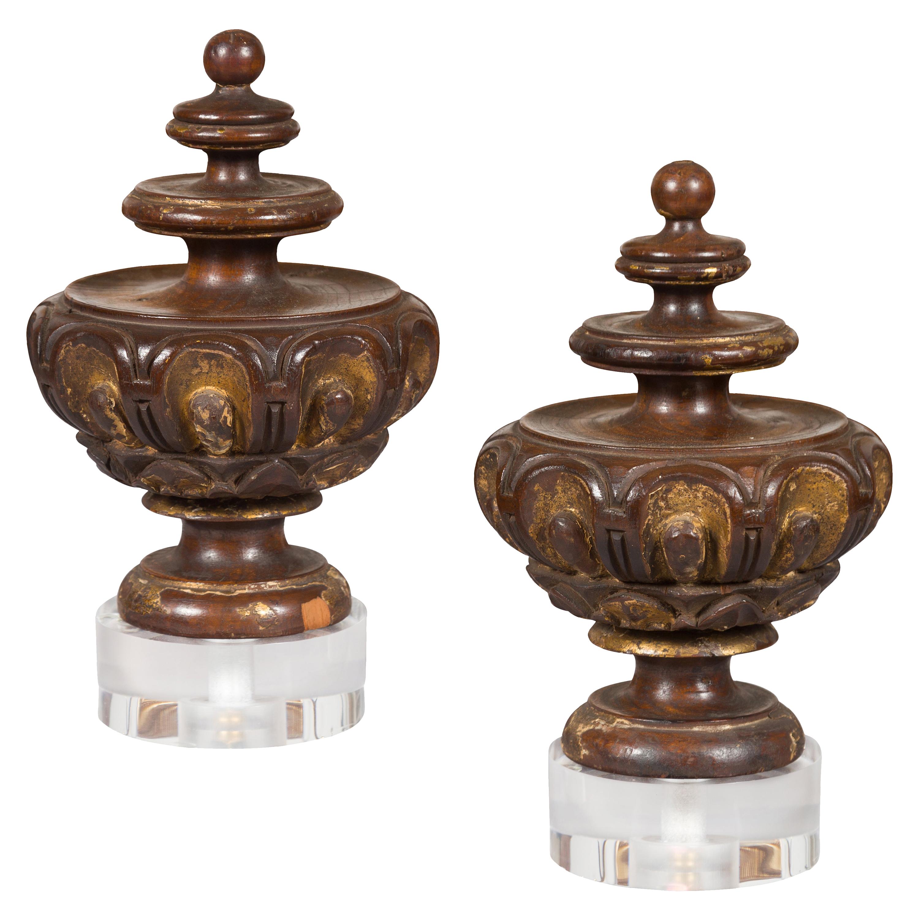 Pair of Italian 1800s Walnut Fragments Carved in the Front, with Lucite Bases For Sale