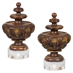 Pair of Italian 1800s Walnut Fragments Carved in the Front, with Lucite Bases