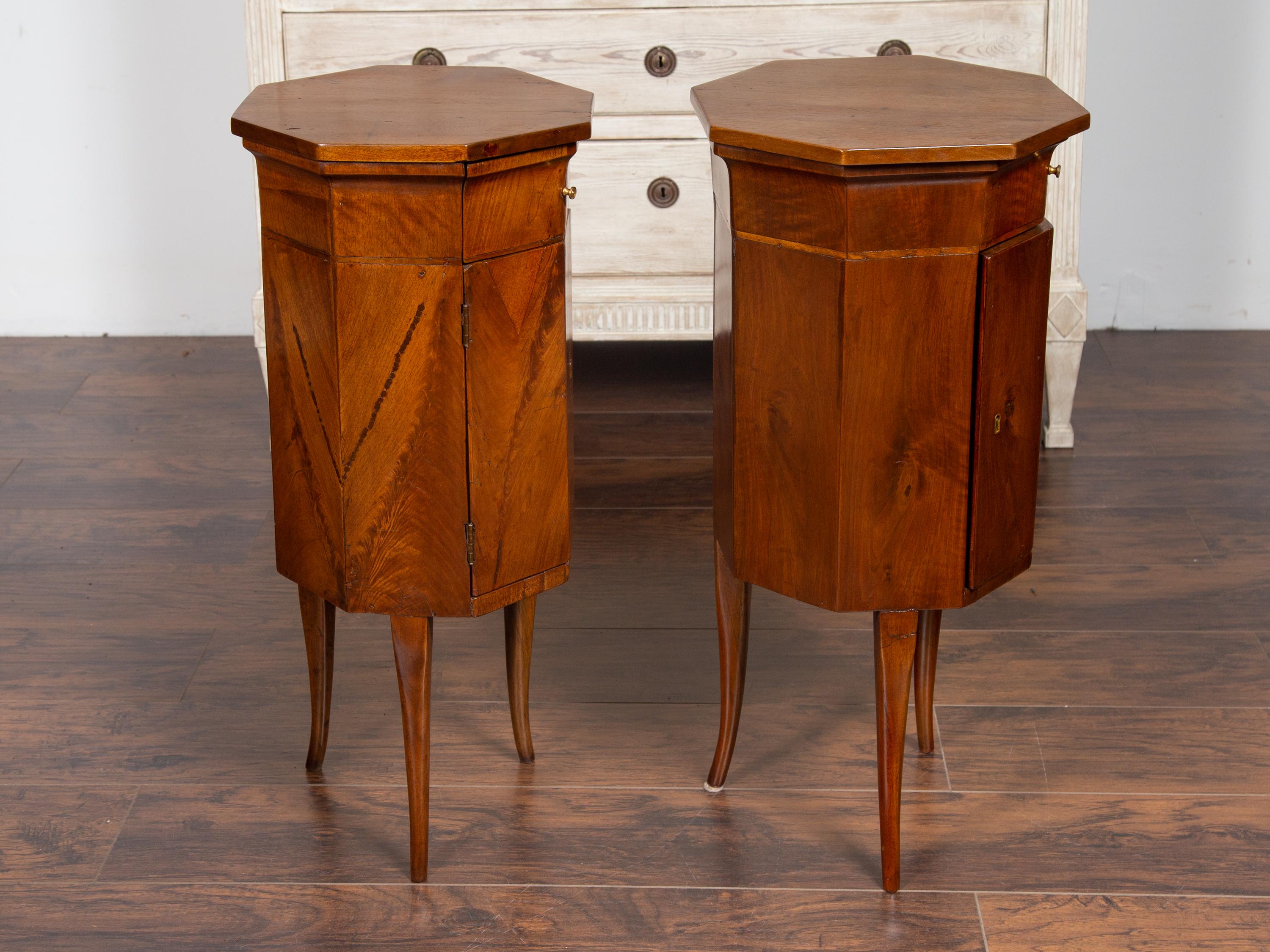 Pair of Italian 1800s Walnut Side Tables with Octogonal Tops, Drawers and Doors 6