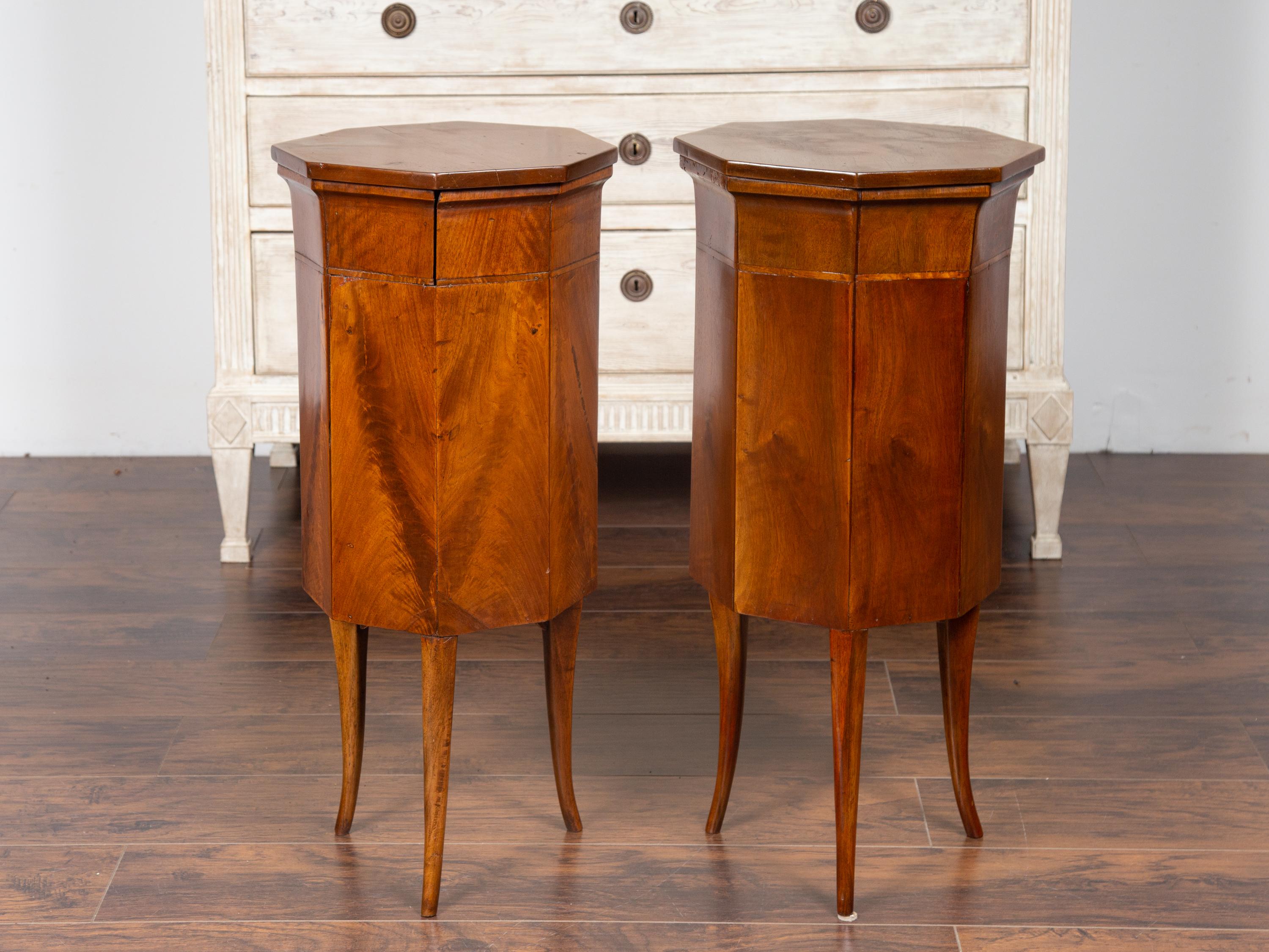 Pair of Italian 1800s Walnut Side Tables with Octogonal Tops, Drawers and Doors 7