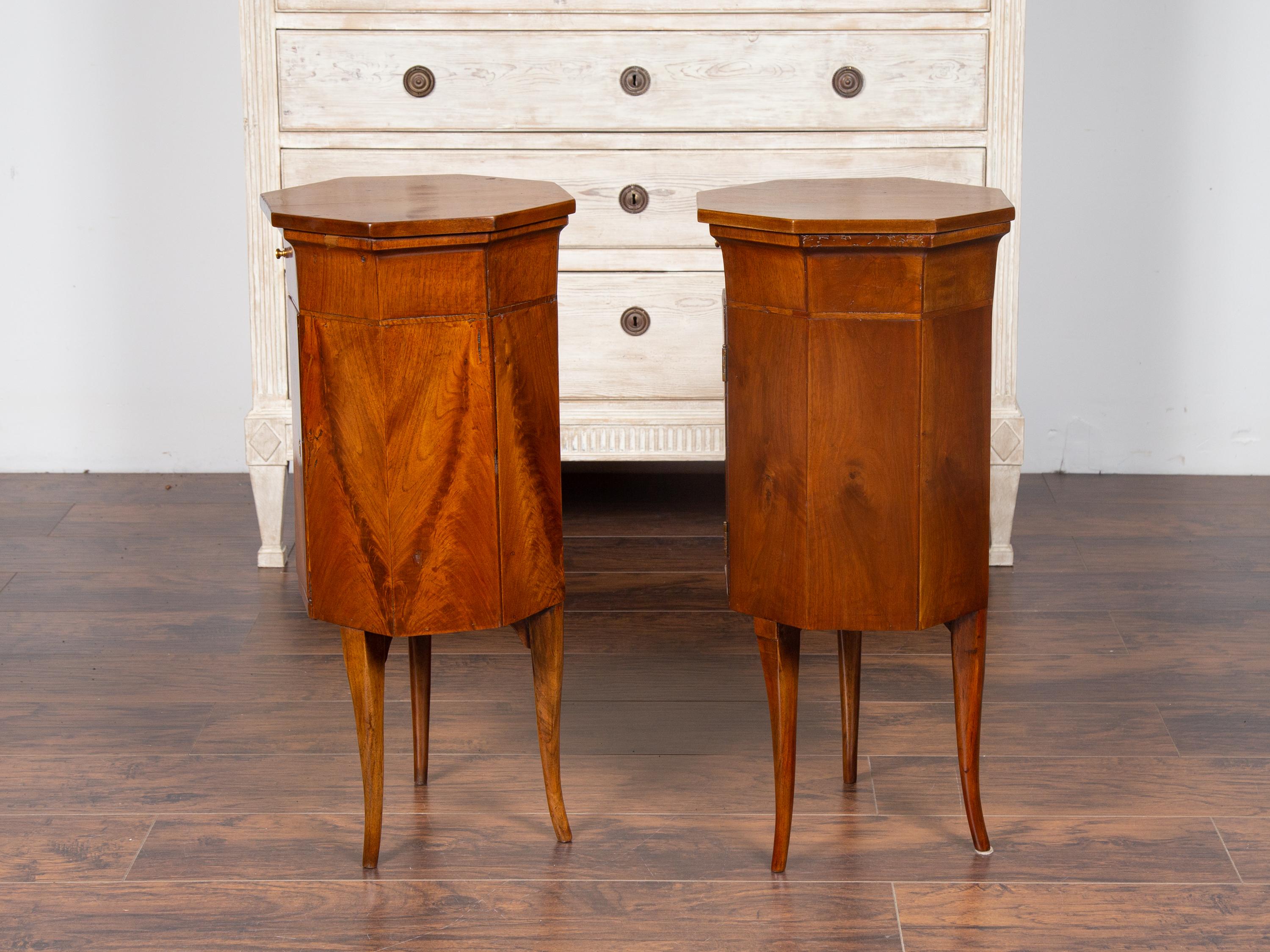 Pair of Italian 1800s Walnut Side Tables with Octogonal Tops, Drawers and Doors 8