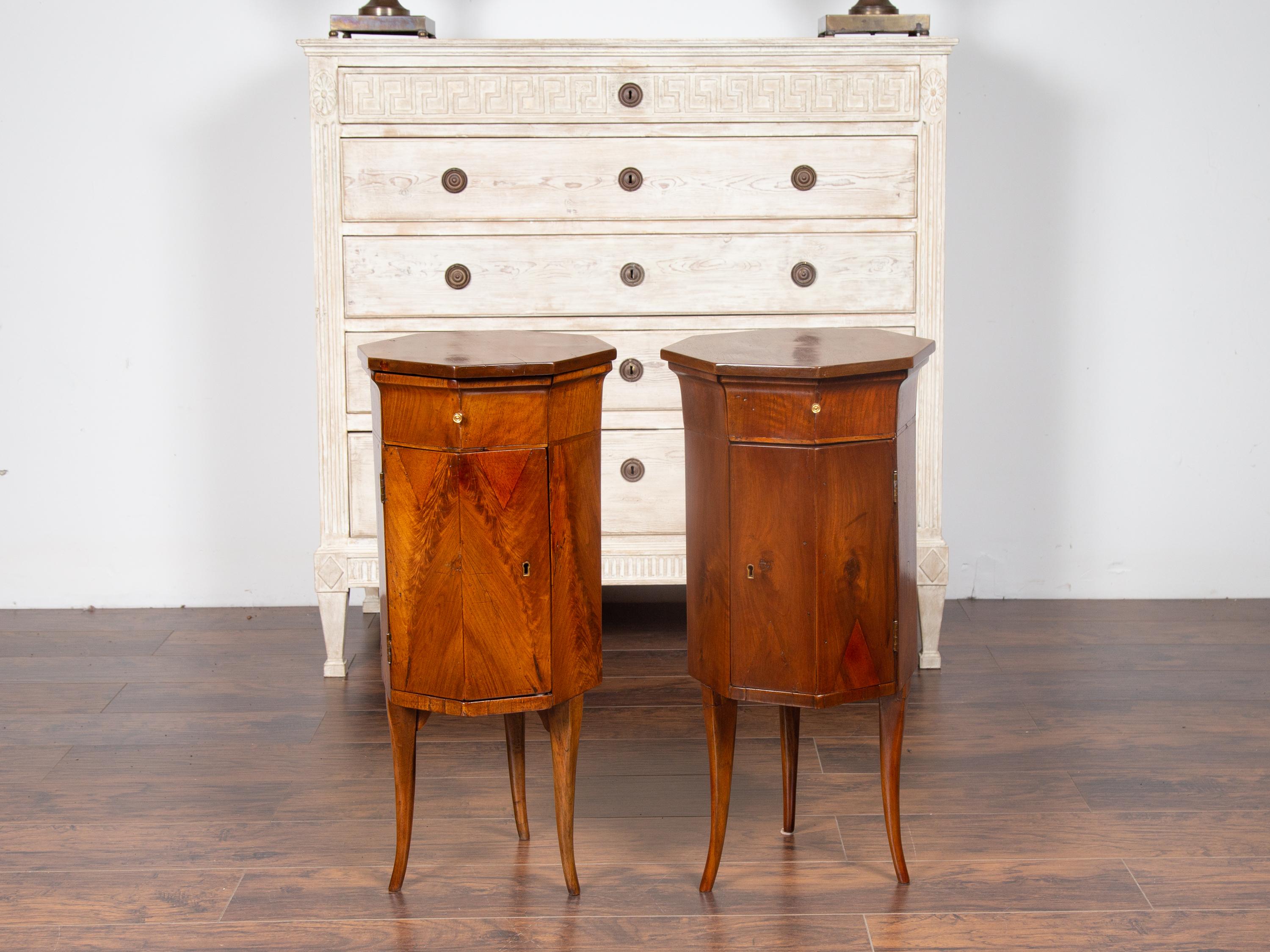Pair of Italian 1800s Walnut Side Tables with Octogonal Tops, Drawers and Doors 9