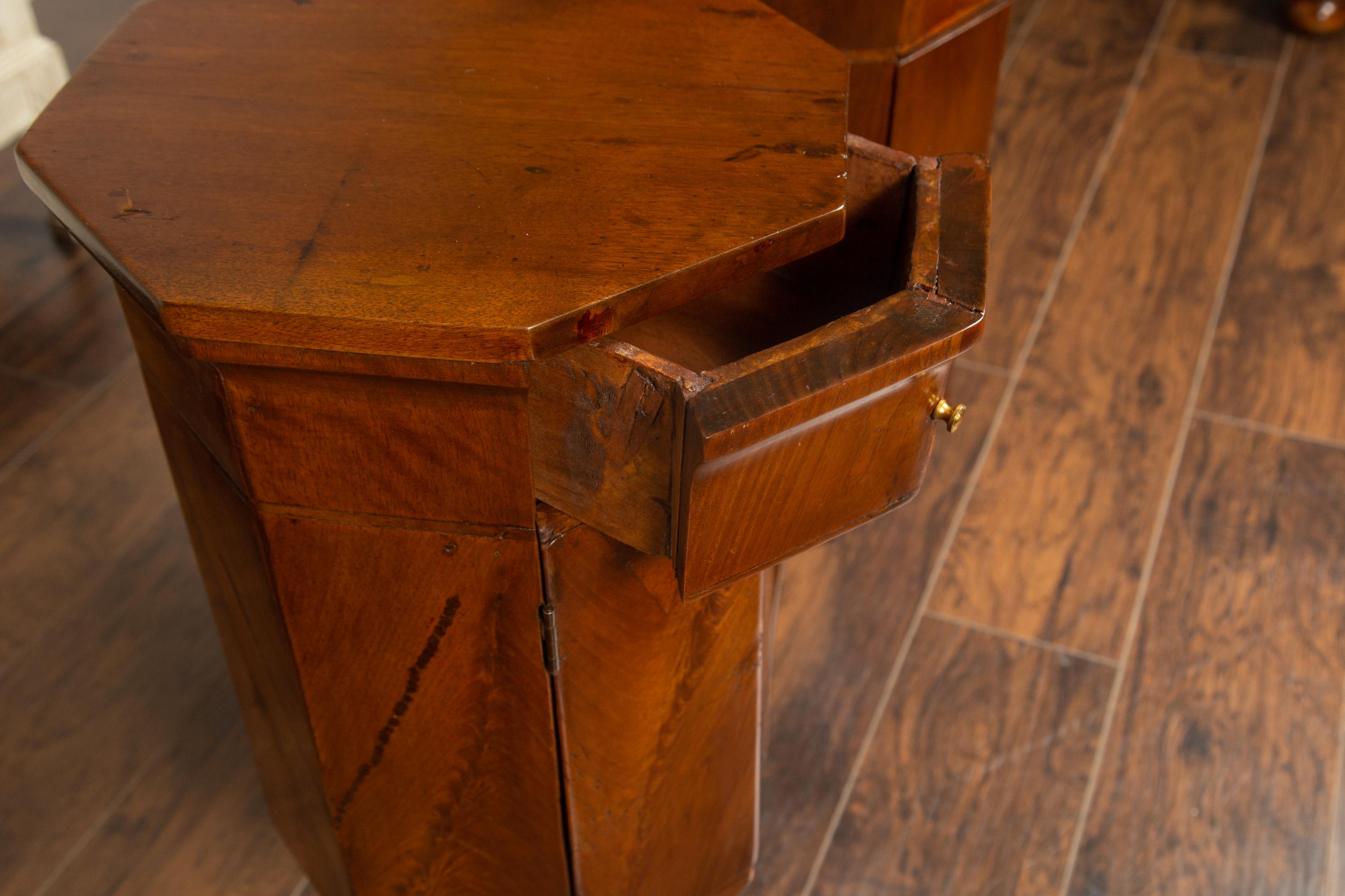 Pair of Italian 1800s Walnut Side Tables with Octogonal Tops, Drawers and Doors 10