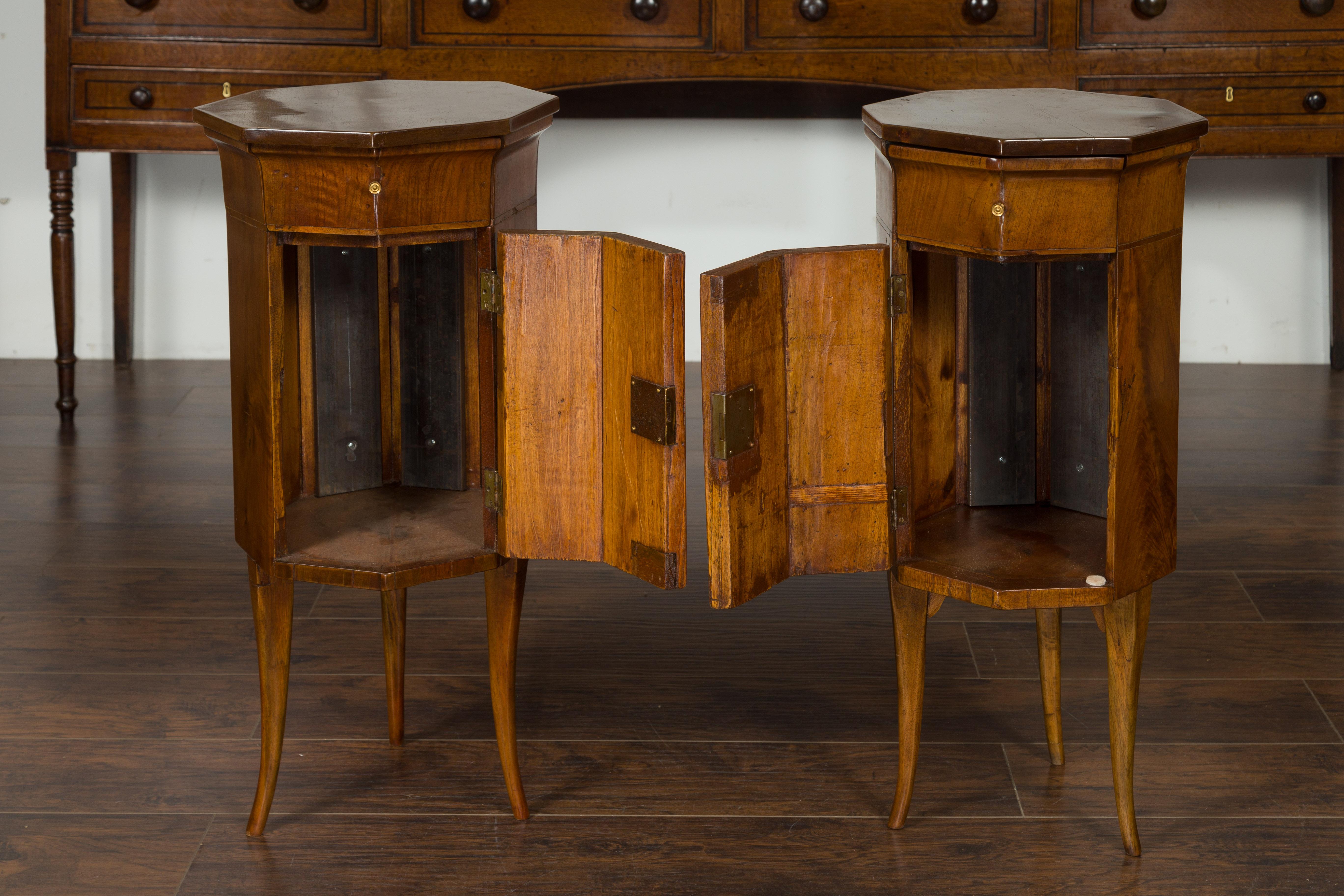 Pair of Italian 1800s Walnut Side Tables with Octogonal Tops, Drawers and Doors 11