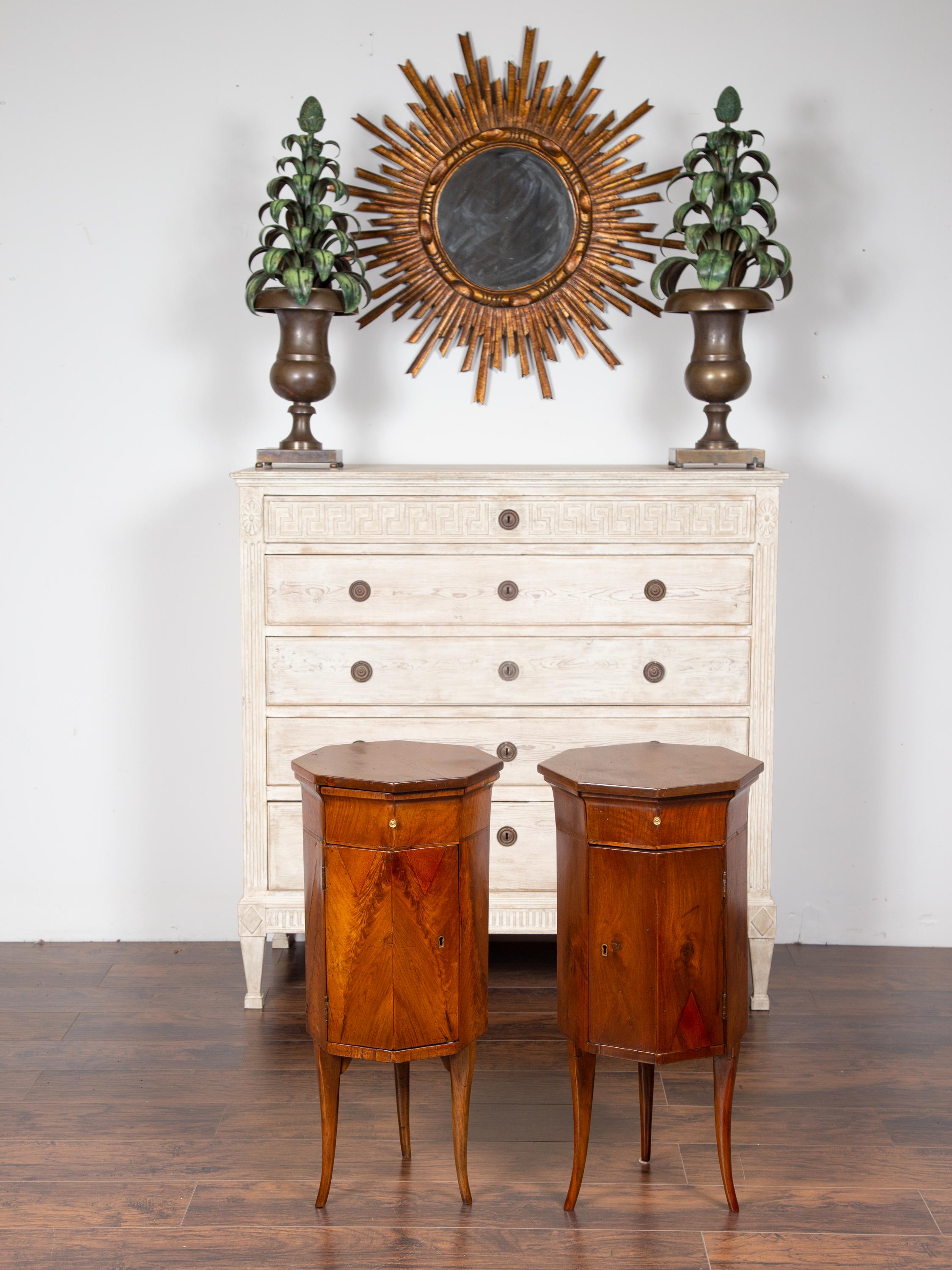 Veneer Pair of Italian 1800s Walnut Side Tables with Octogonal Tops, Drawers and Doors