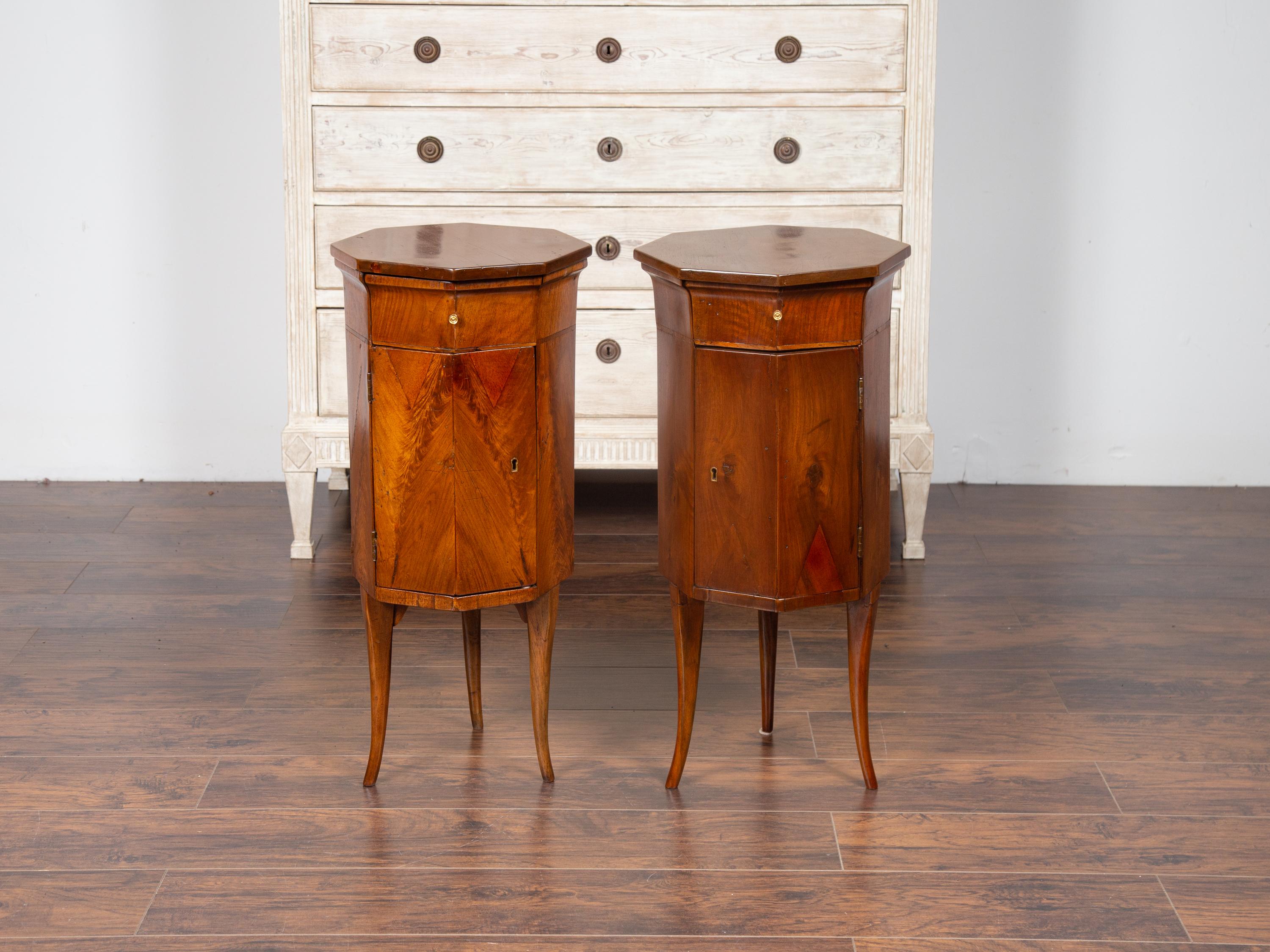 Pair of Italian 1800s Walnut Side Tables with Octogonal Tops, Drawers and Doors In Good Condition In Atlanta, GA