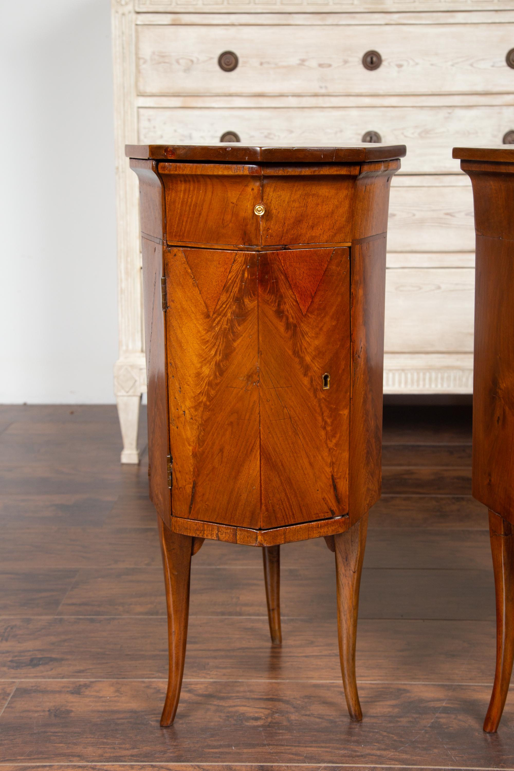 19th Century Pair of Italian 1800s Walnut Side Tables with Octogonal Tops, Drawers and Doors