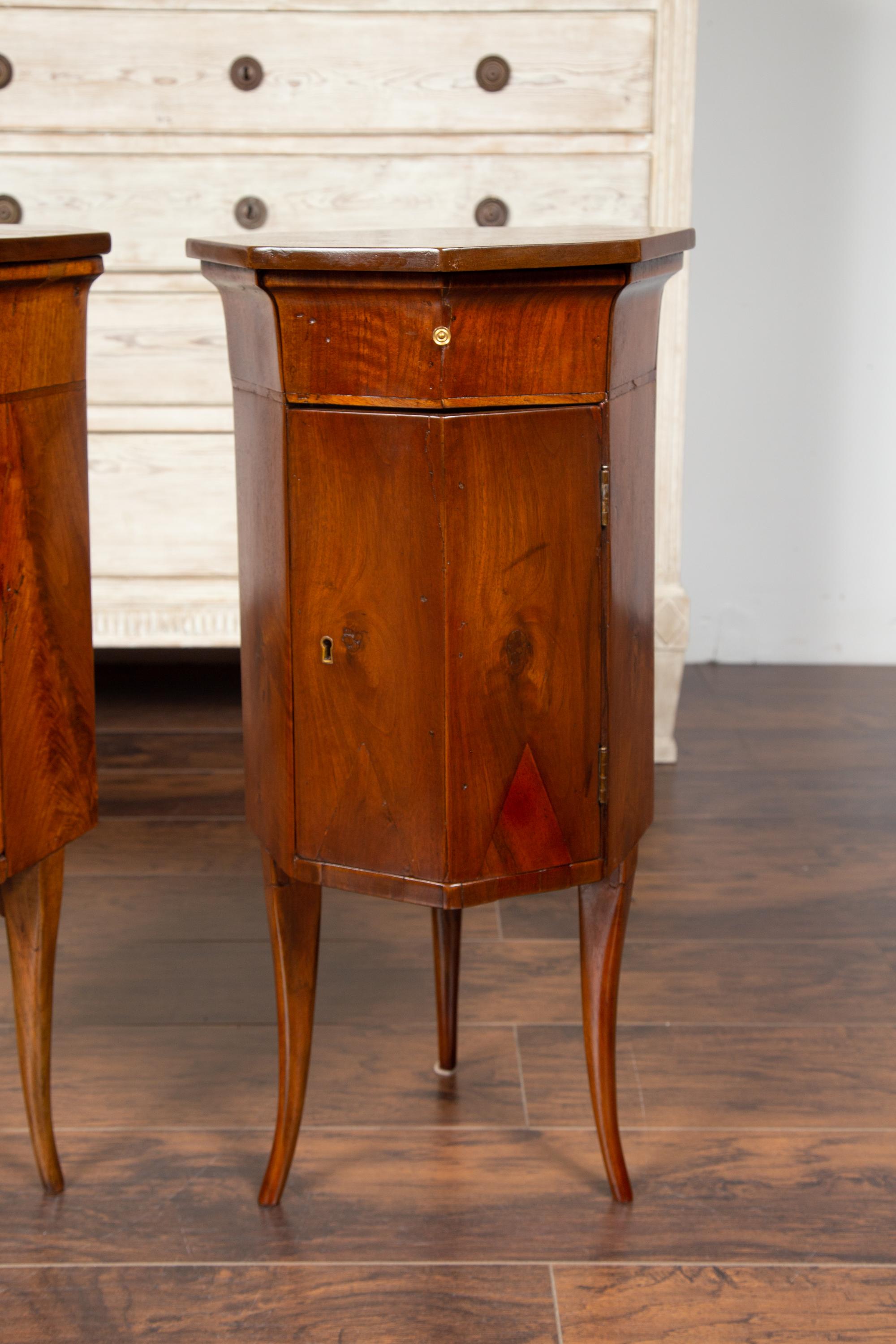 Pair of Italian 1800s Walnut Side Tables with Octogonal Tops, Drawers and Doors 1