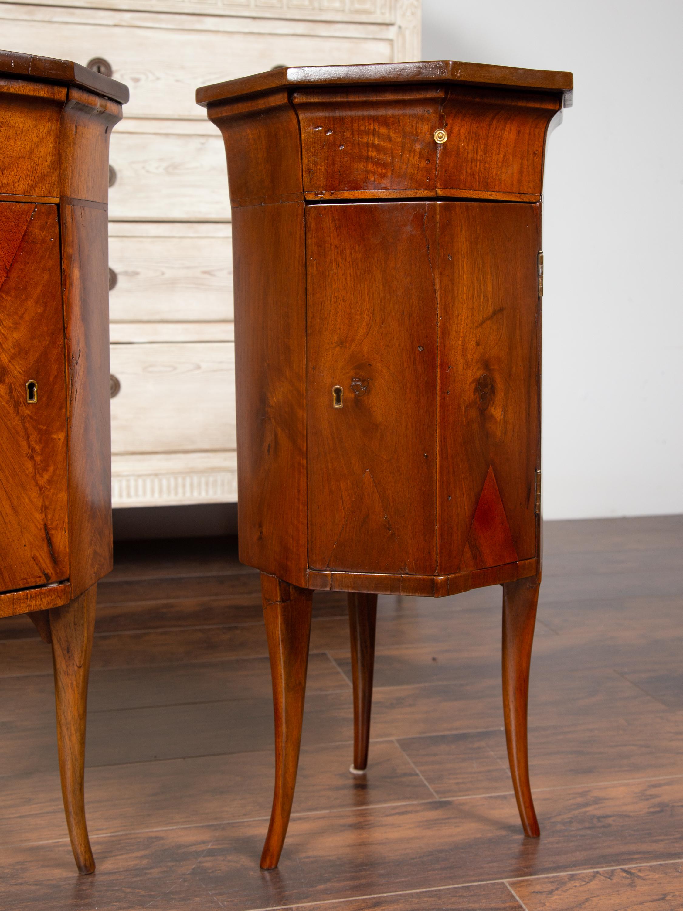 Pair of Italian 1800s Walnut Side Tables with Octogonal Tops, Drawers and Doors 3