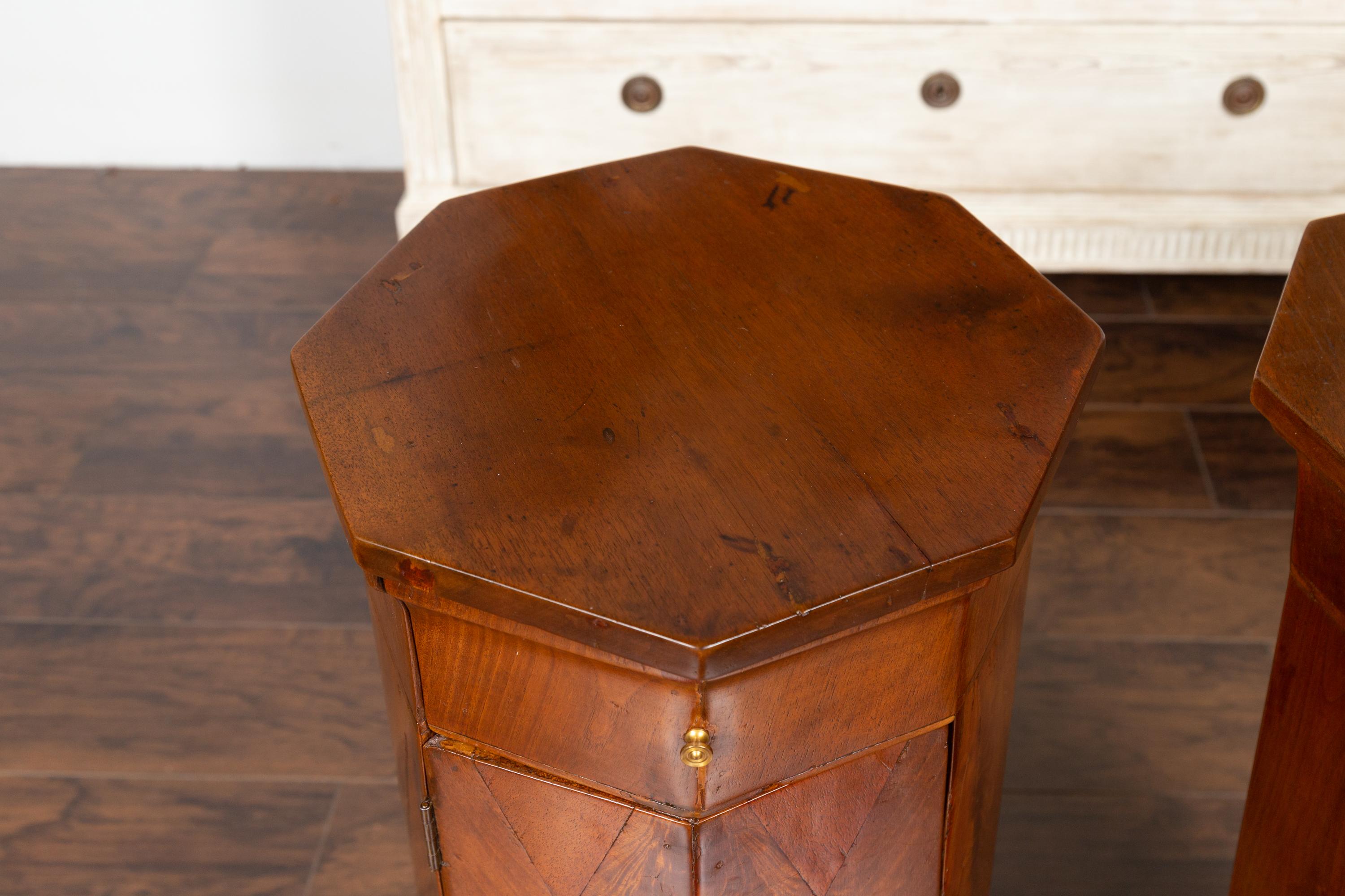 Pair of Italian 1800s Walnut Side Tables with Octogonal Tops, Drawers and Doors 4