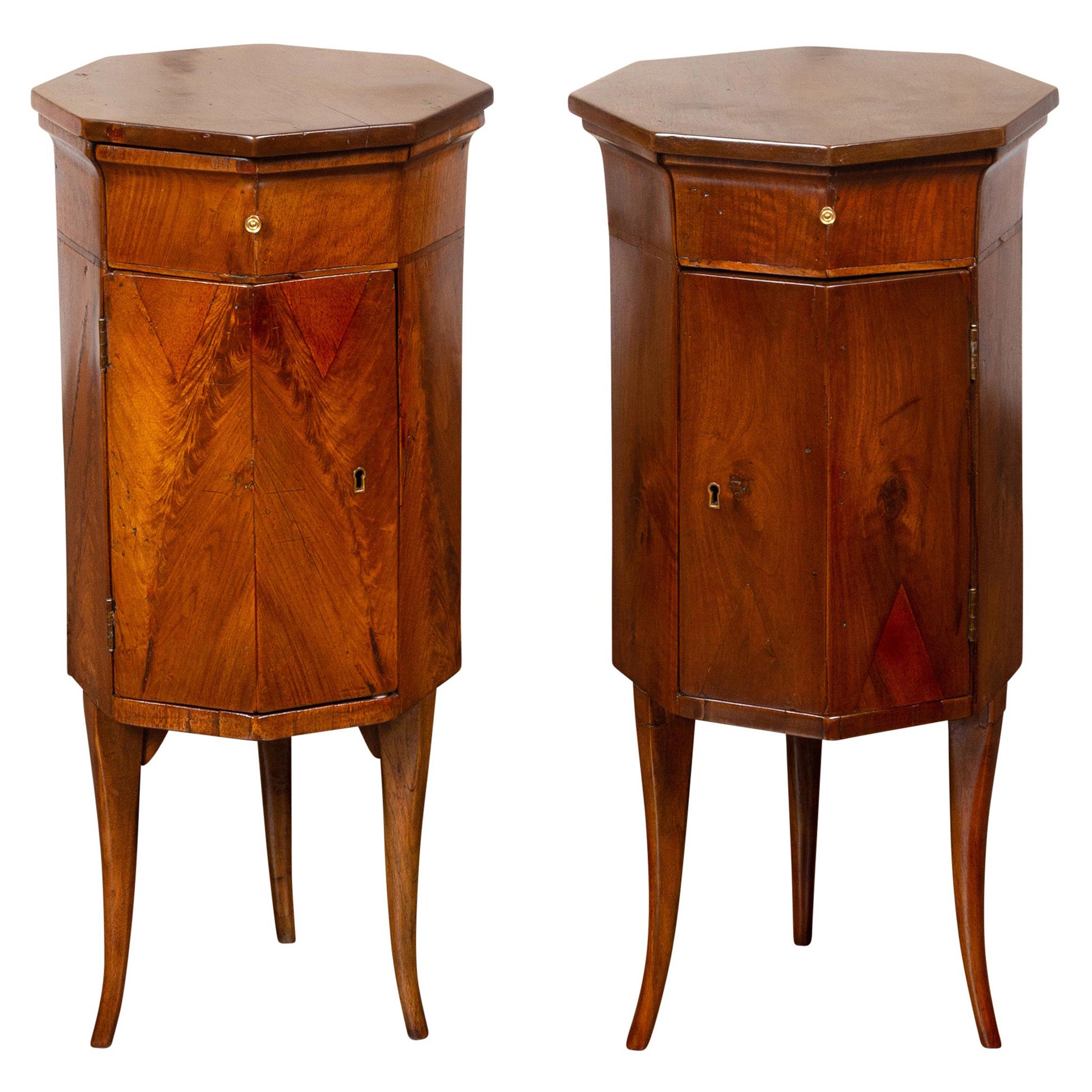 Pair of Italian 1800s Walnut Side Tables with Octogonal Tops, Drawers and Doors