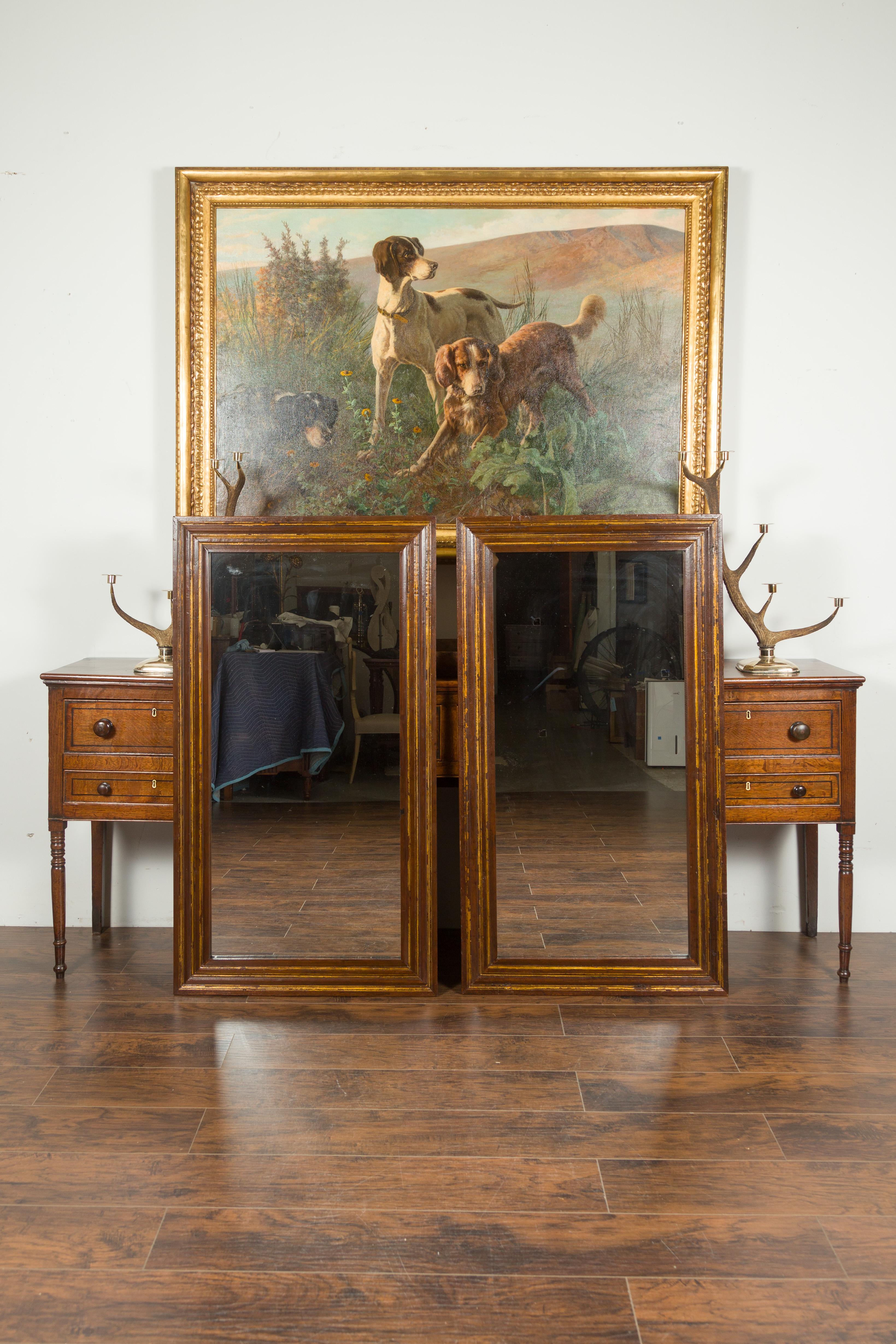 Pair of Italian 1820s Walnut Rectangular Brown Mirrors with Gilded Accents In Good Condition In Atlanta, GA