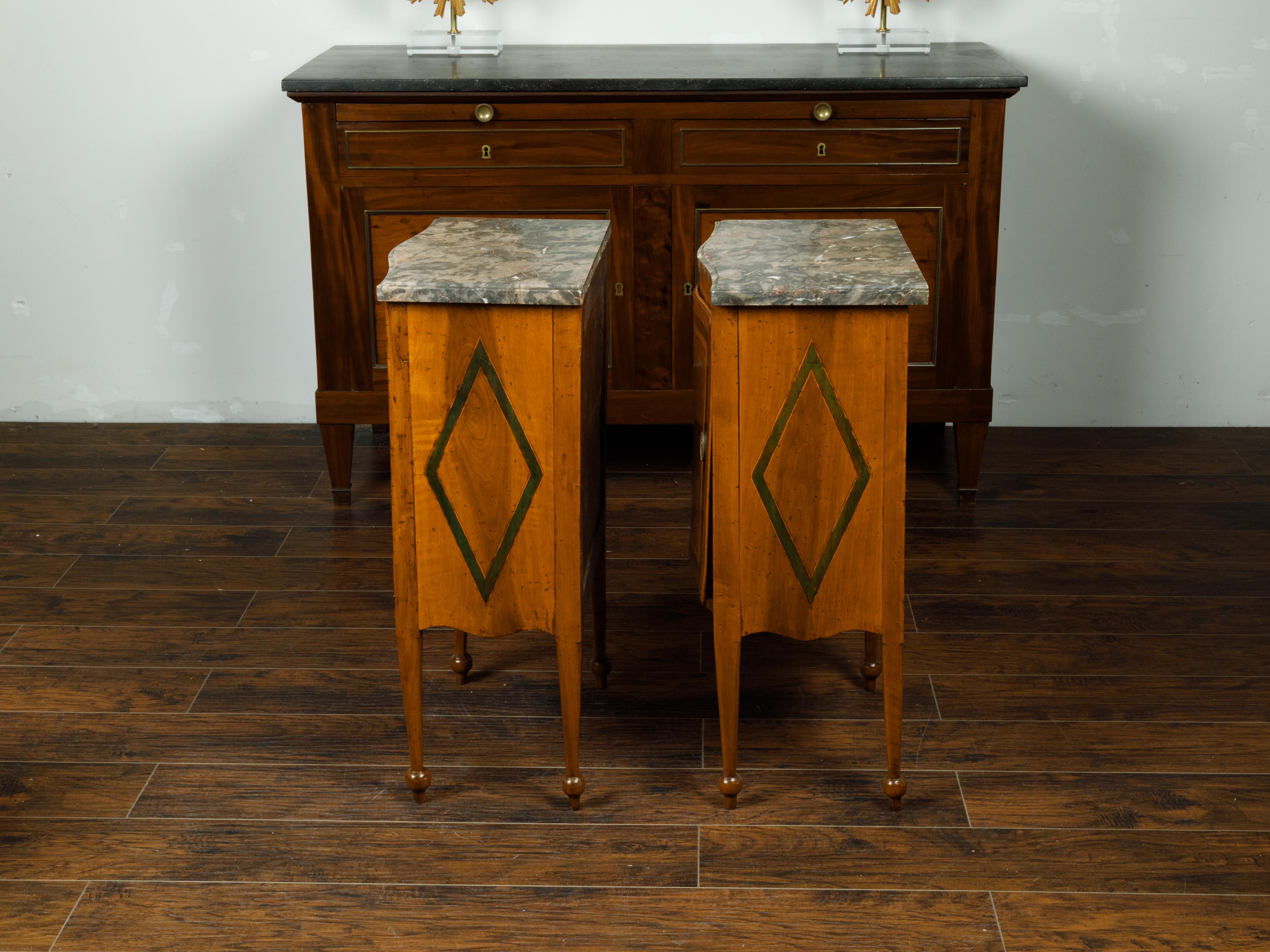 Pair of Italian 1840s Walnut Tables with Variegated Marble Top and Single Door For Sale 5