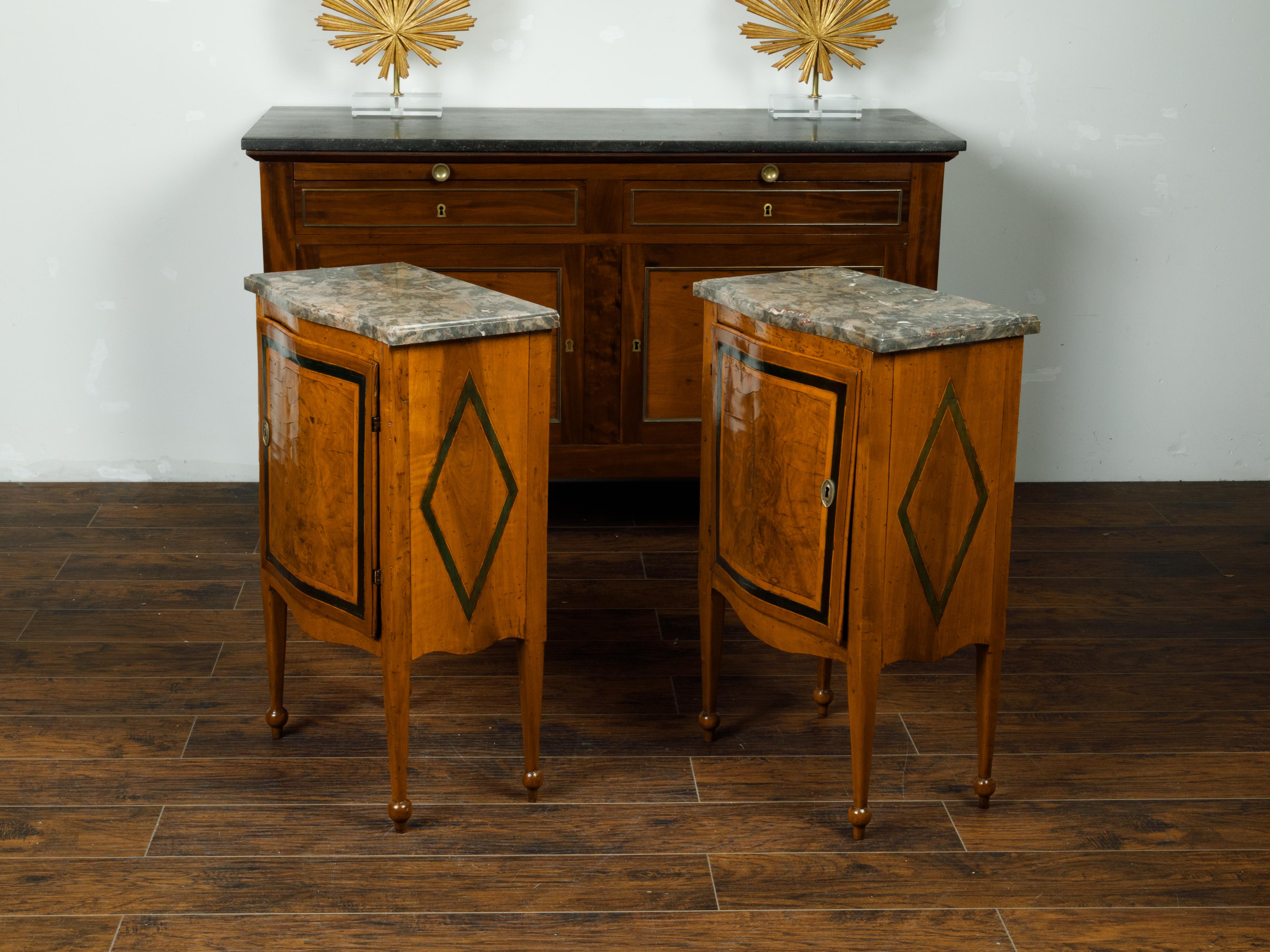 Pair of Italian 1840s Walnut Tables with Variegated Marble Top and Single Door 6