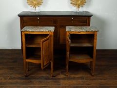 Pair of Italian 1840s Walnut Tables with Variegated Marble Top and Single Door