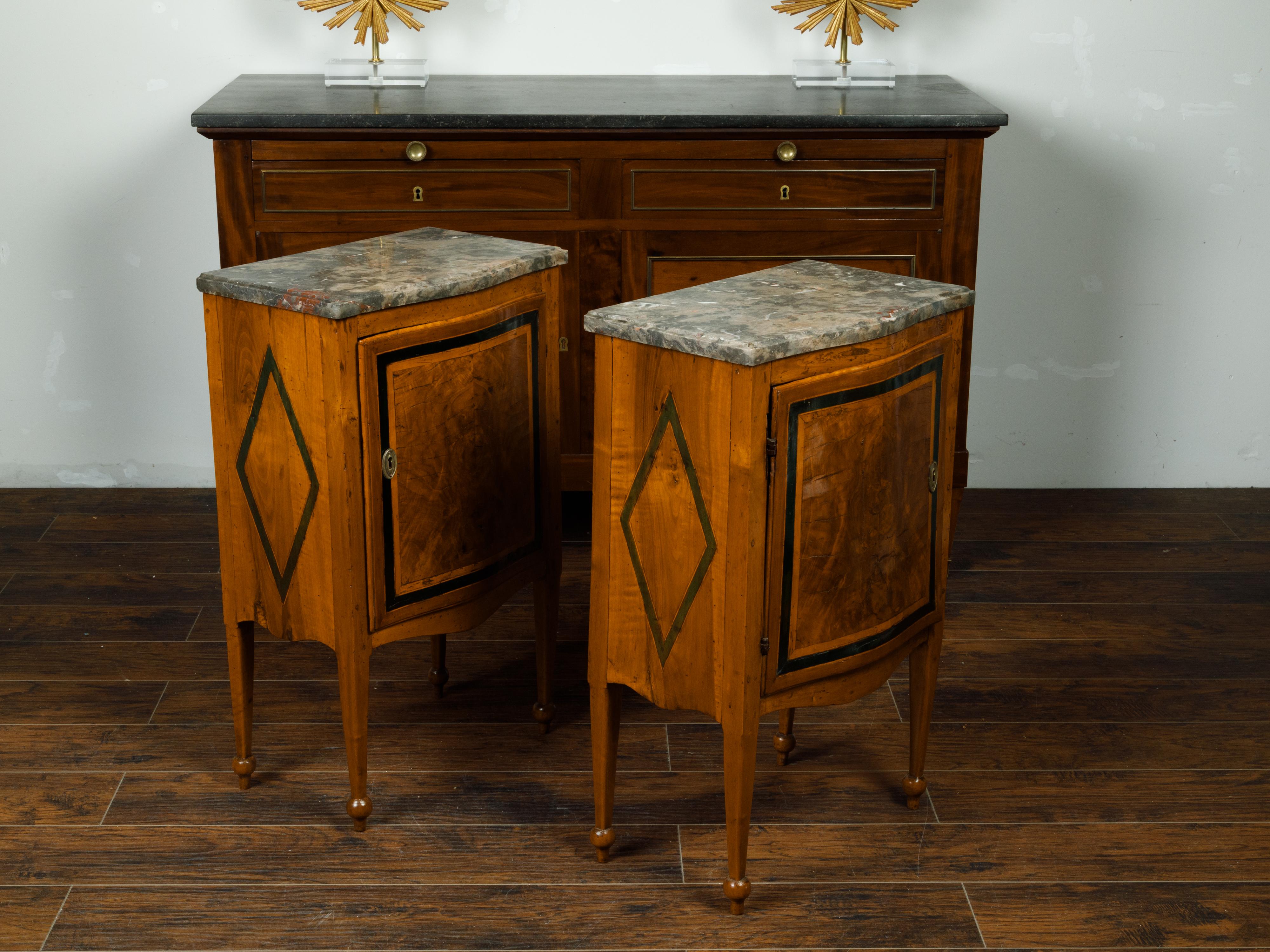 Veneer Pair of Italian 1840s Walnut Tables with Variegated Marble Top and Single Door For Sale