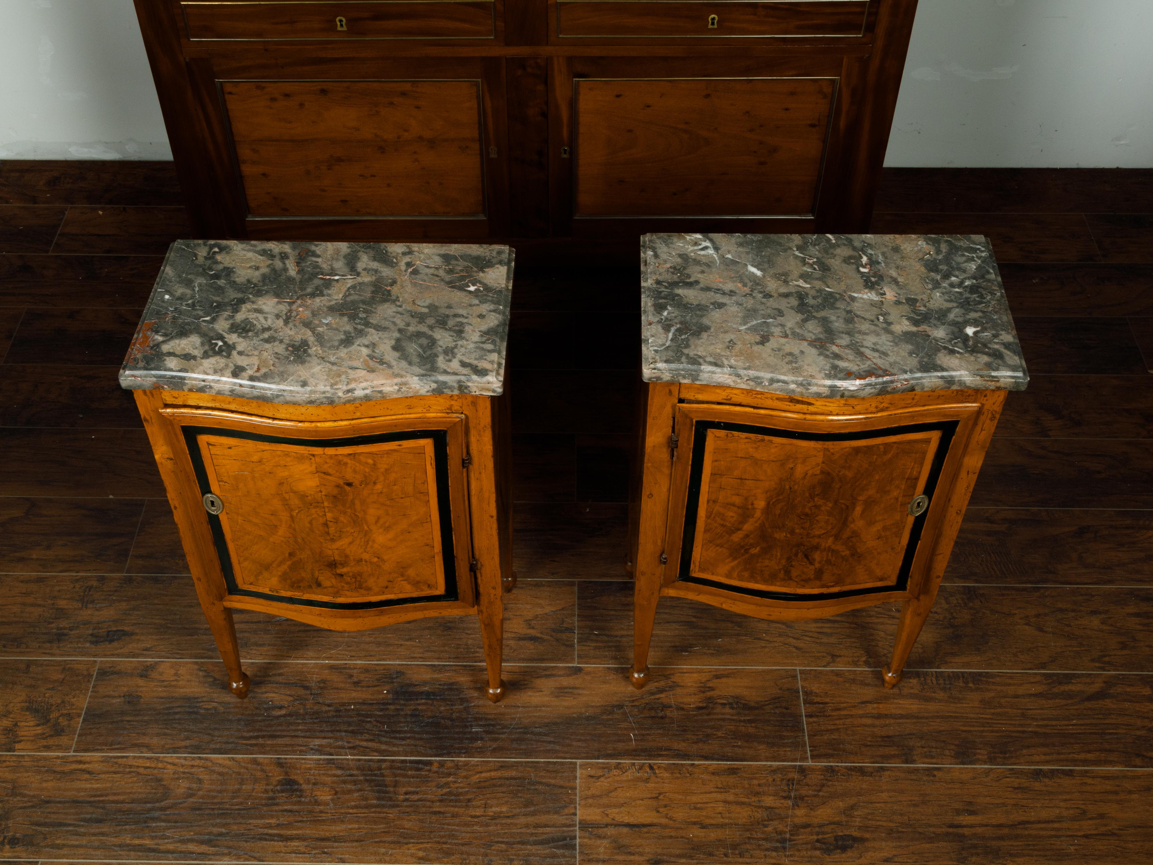 Pair of Italian 1840s Walnut Tables with Variegated Marble Top and Single Door In Good Condition In Atlanta, GA