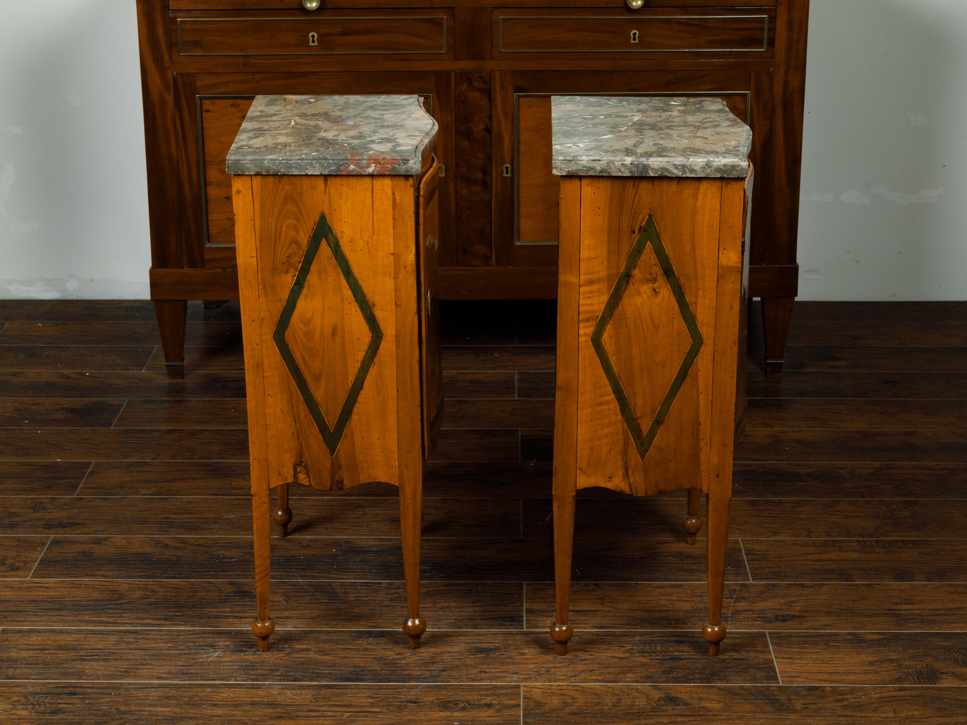 Pair of Italian 1840s Walnut Tables with Variegated Marble Top and Single Door 3