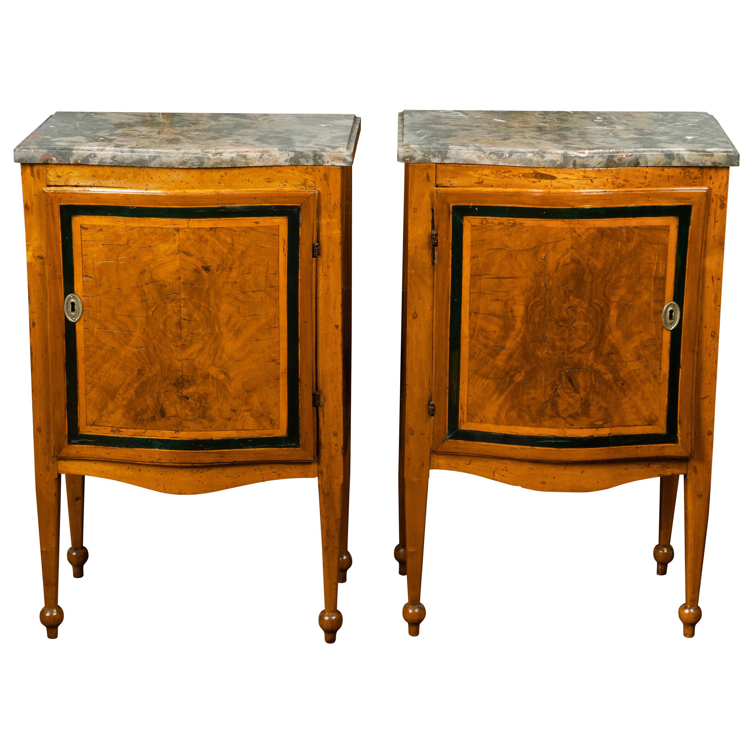 Pair of Italian 1840s Walnut Tables with Variegated Marble Top and Single Door