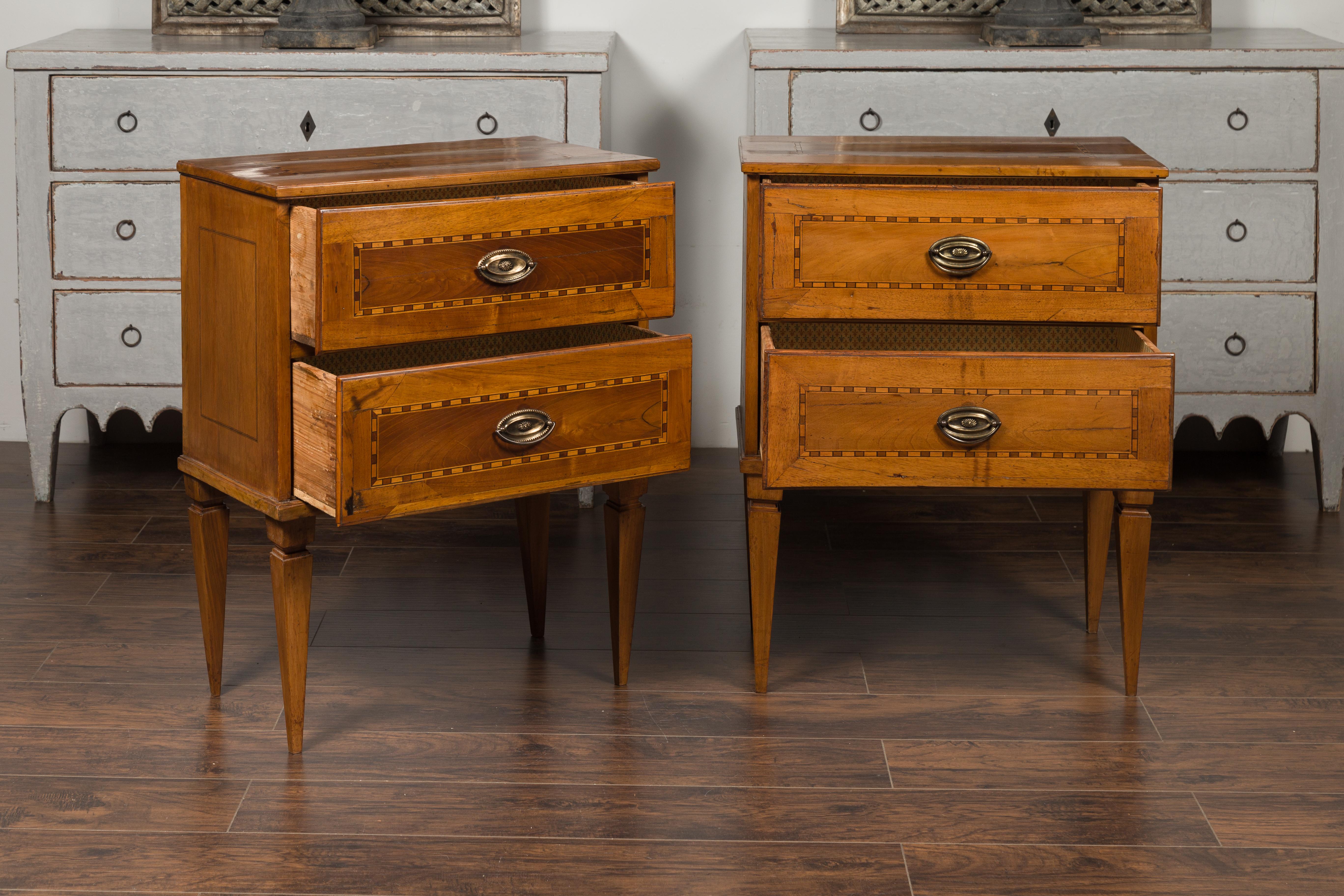 Pair of Italian 1850s Neoclassical Style Walnut Two-Drawer Commodes with Inlay 8