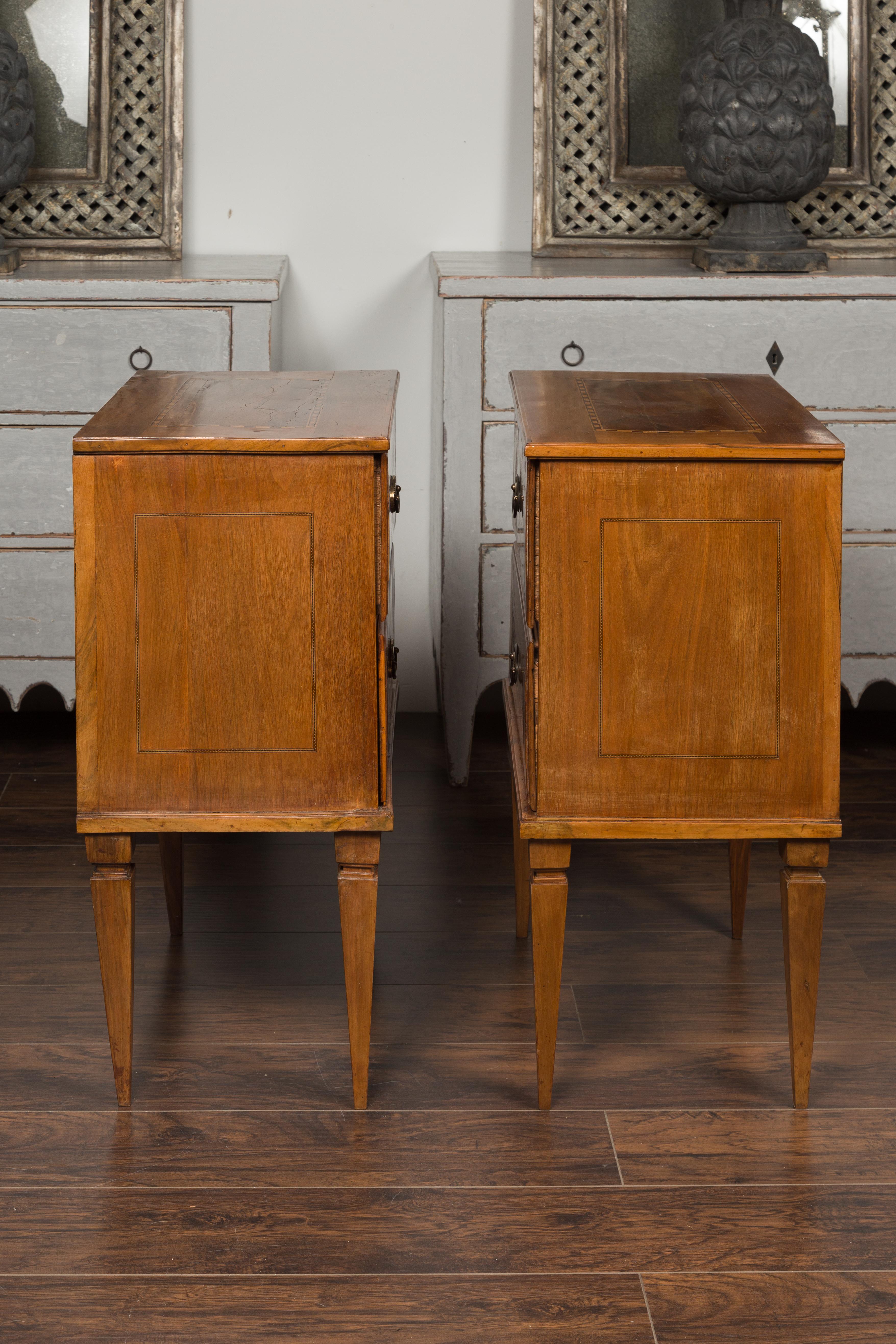 Pair of Italian 1850s Neoclassical Style Walnut Two-Drawer Commodes with Inlay 15