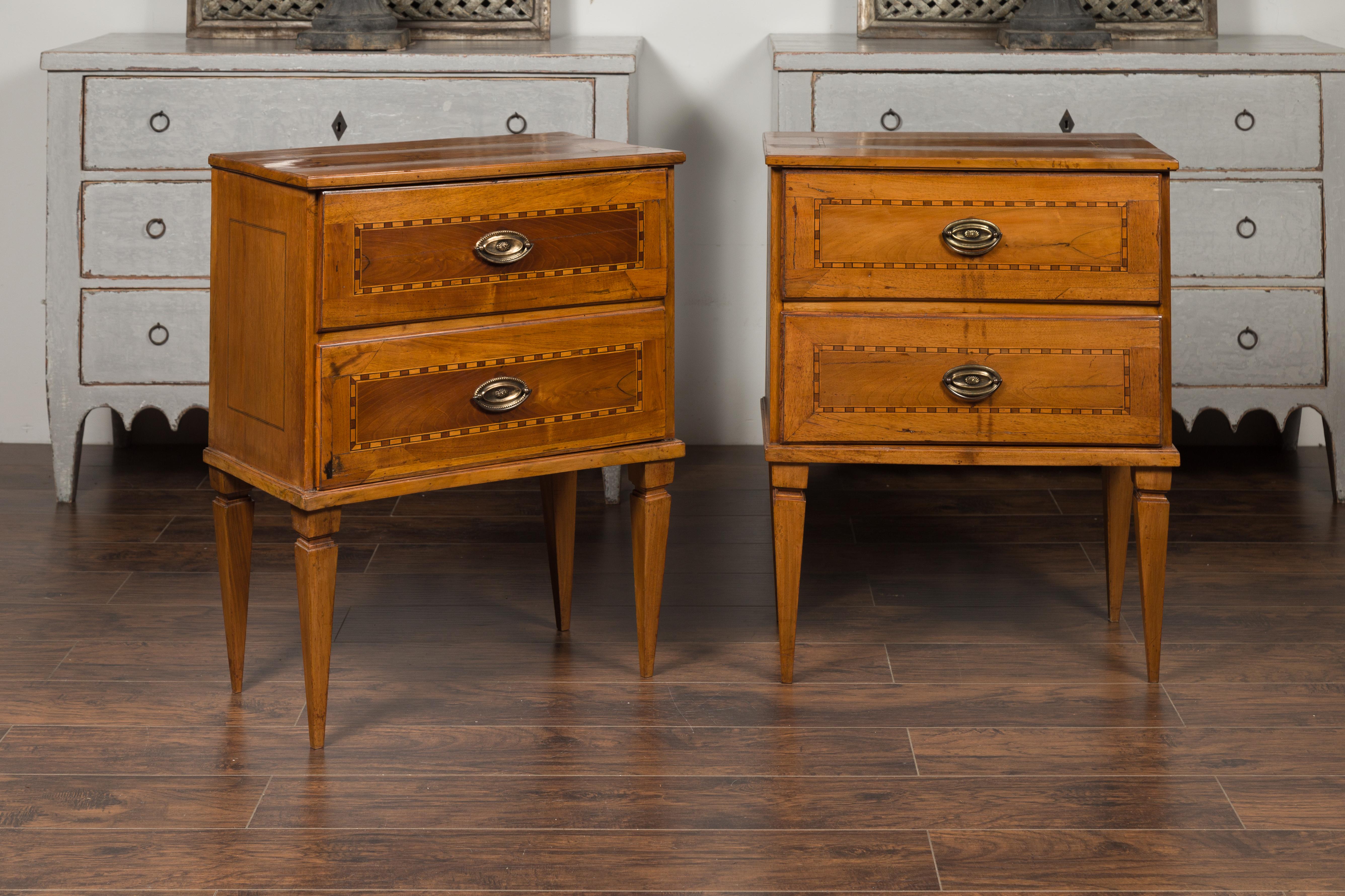 Pair of Italian 1850s Neoclassical Style Walnut Two-Drawer Commodes with Inlay In Good Condition In Atlanta, GA