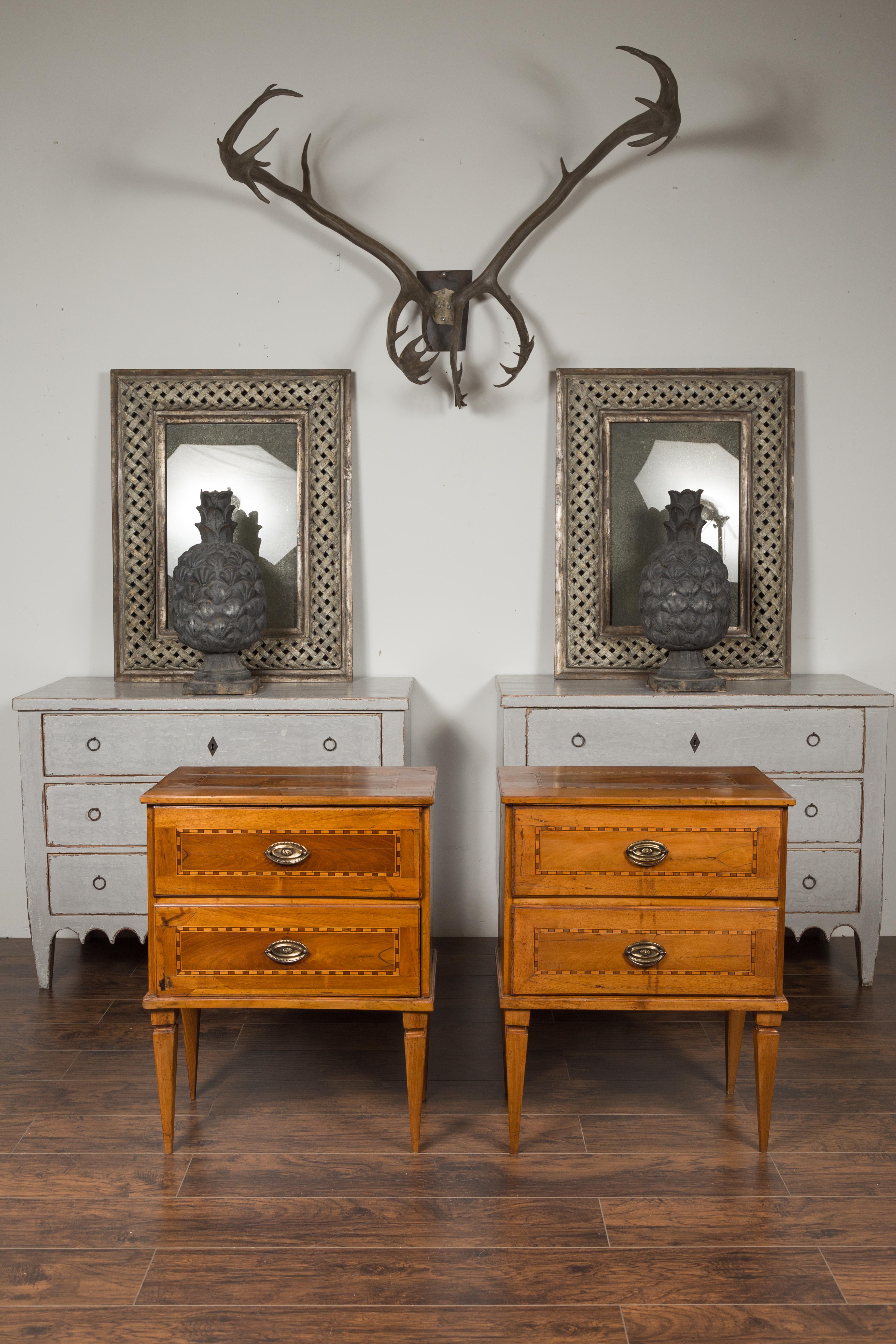 19th Century Pair of Italian 1850s Neoclassical Style Walnut Two-Drawer Commodes with Inlay