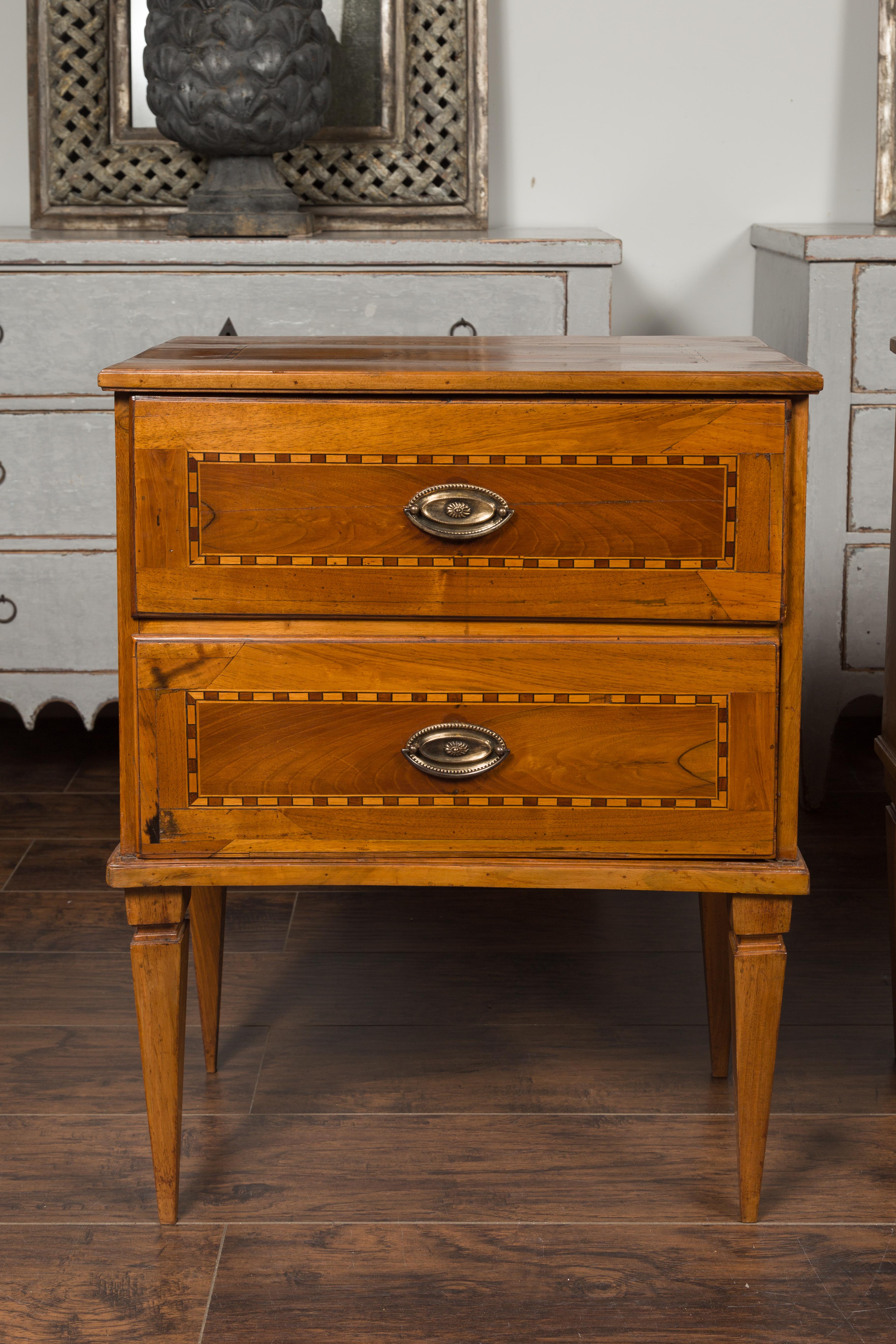 Pair of Italian 1850s Neoclassical Style Walnut Two-Drawer Commodes with Inlay 1