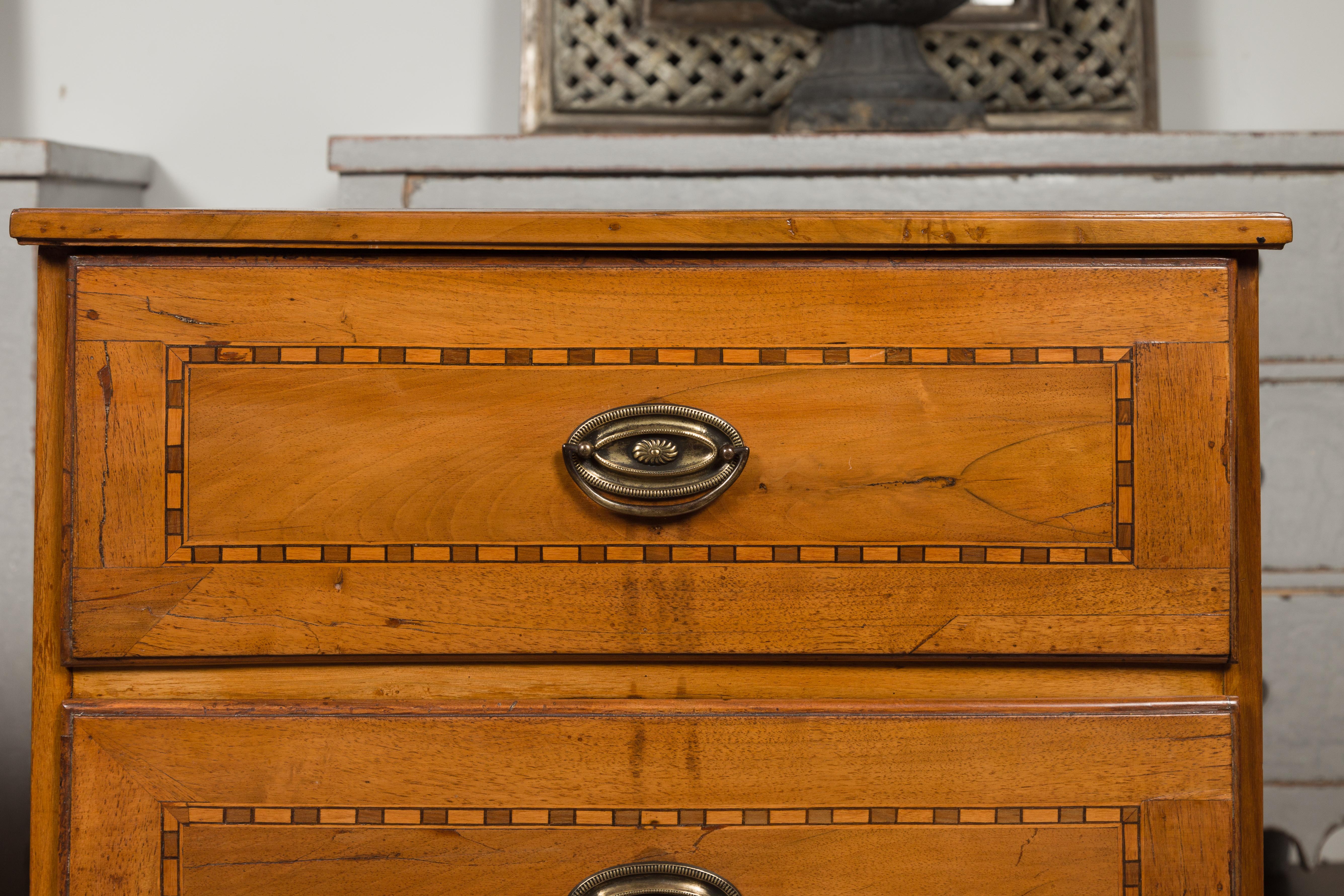 Pair of Italian 1850s Neoclassical Style Walnut Two-Drawer Commodes with Inlay 2