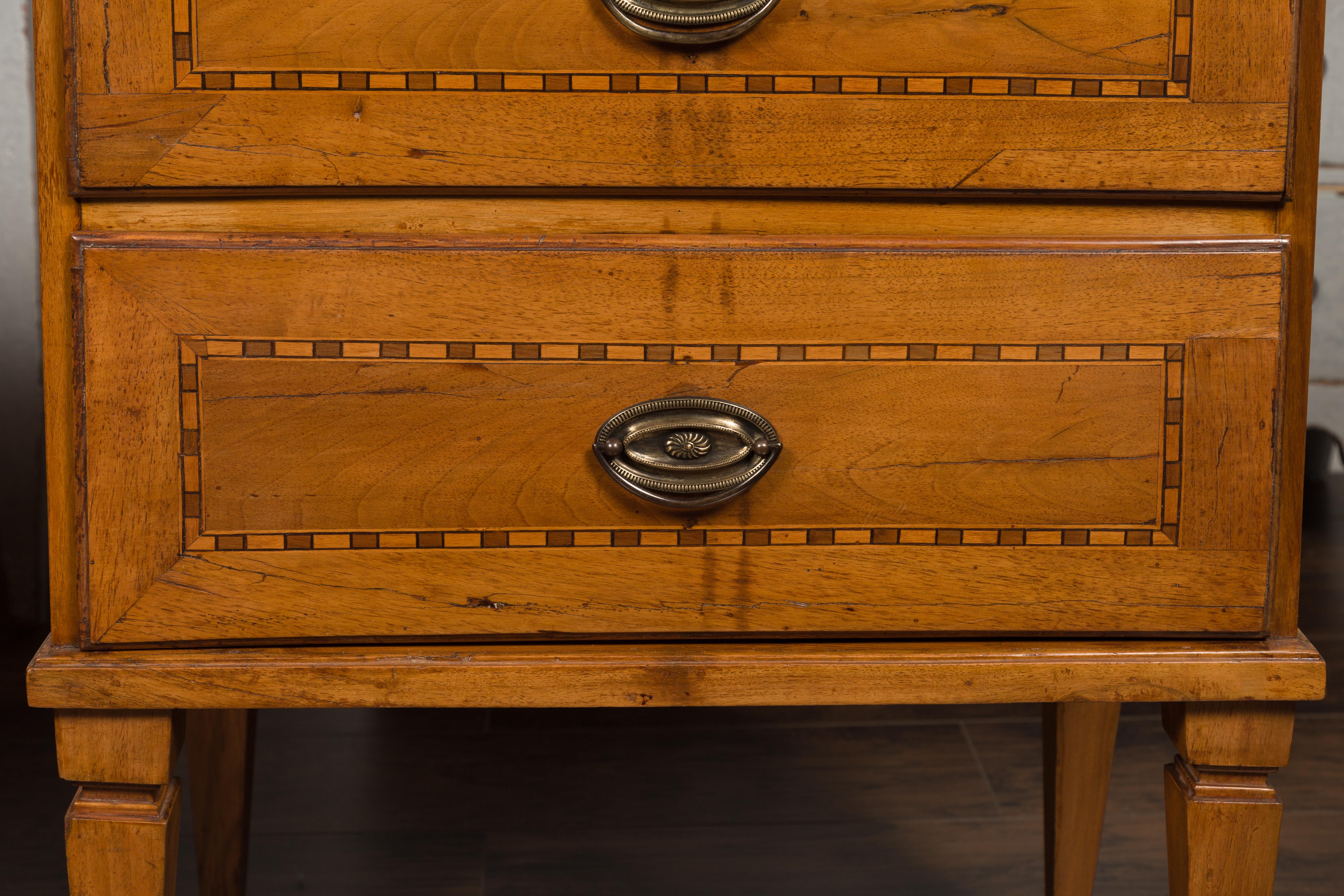 Pair of Italian 1850s Neoclassical Style Walnut Two-Drawer Commodes with Inlay 3