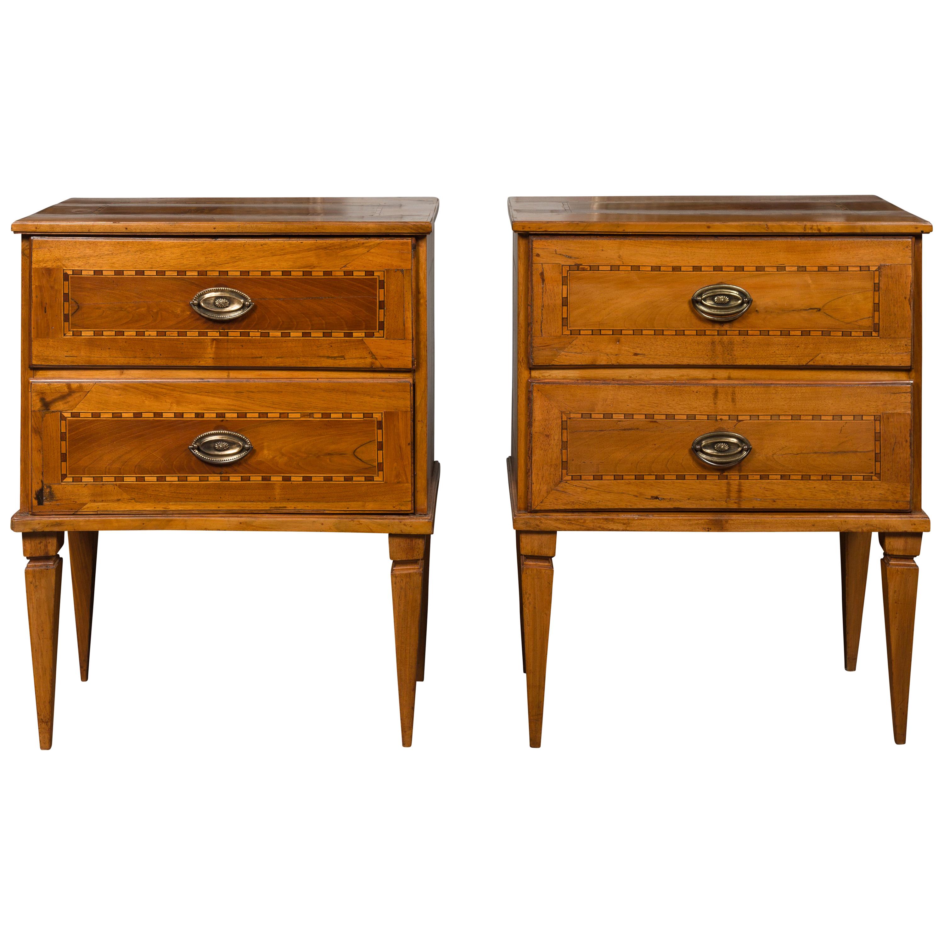 Pair of Italian 1850s Neoclassical Style Walnut Two-Drawer Commodes with Inlay
