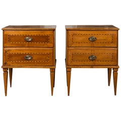 Pair of Italian 1850s Neoclassical Style Walnut Two-Drawer Commodes with Inlay