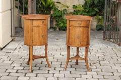 Pair of Italian 1850s Walnut Column End Tables with Drawer, Door and Hoofed Feet