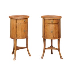 Pair of Italian 1850s Walnut Column End Tables with Drawer, Door and Hoofed Feet