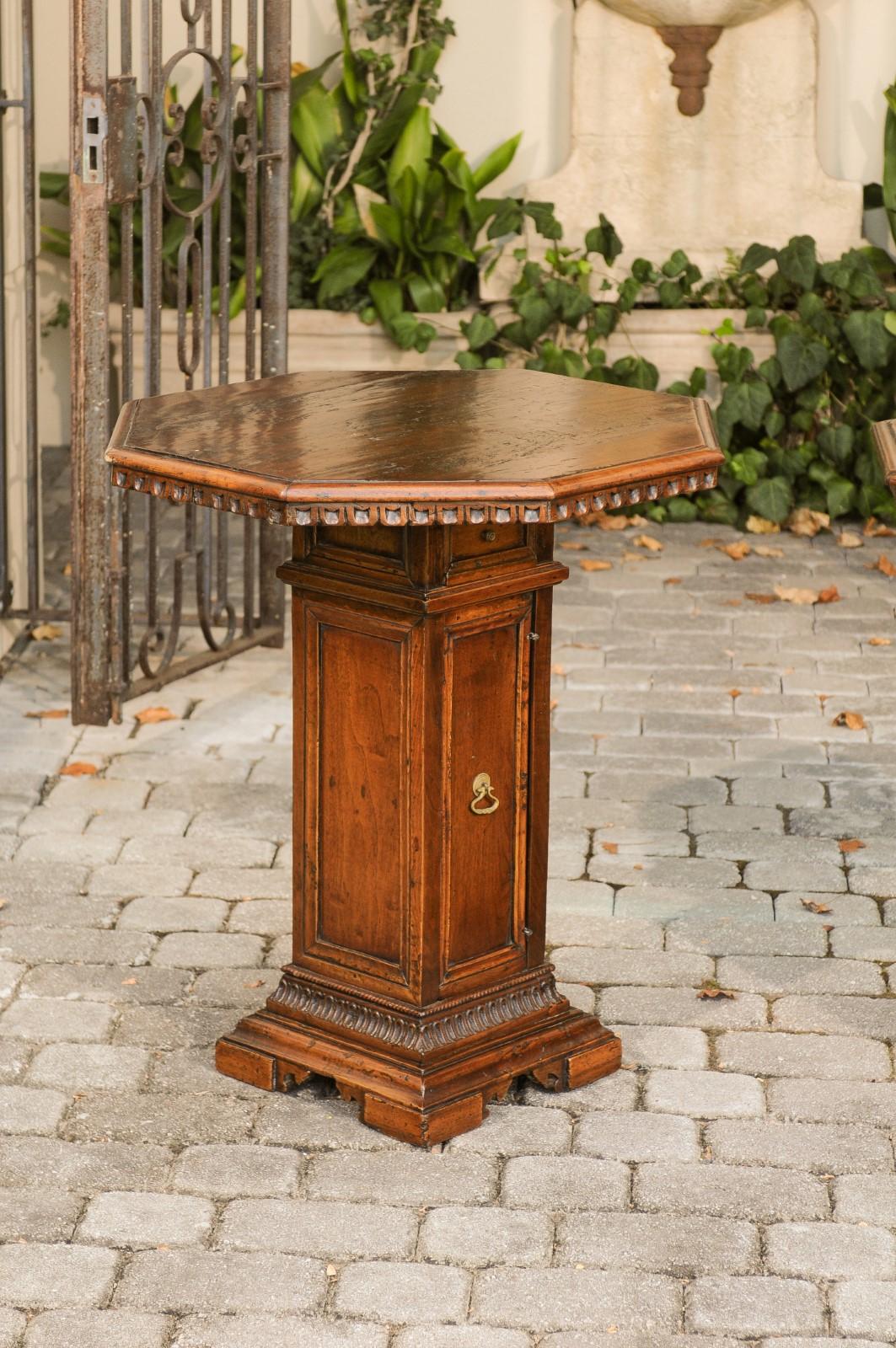 Pair of Italian 1850s Walnut Octagonal Pedestal Carved Tables with Single Door In Good Condition In Atlanta, GA