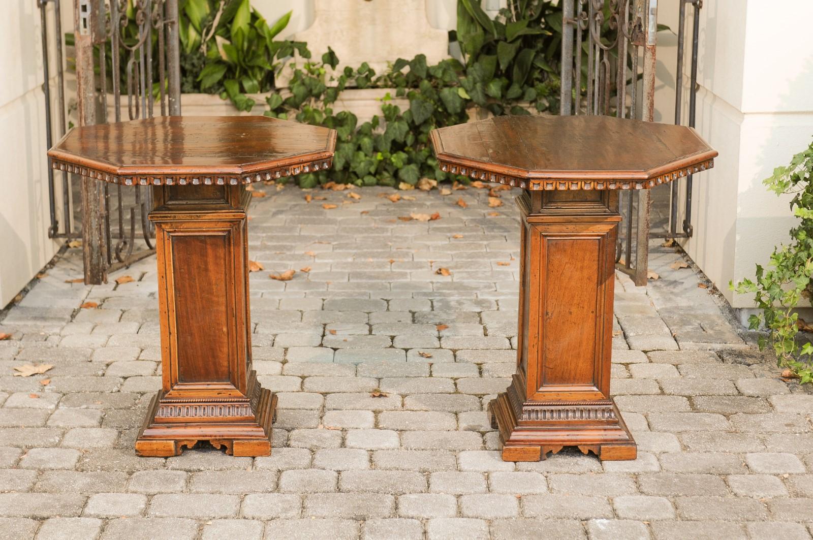 Pair of Italian 1850s Walnut Octagonal Pedestal Carved Tables with Single Door 2