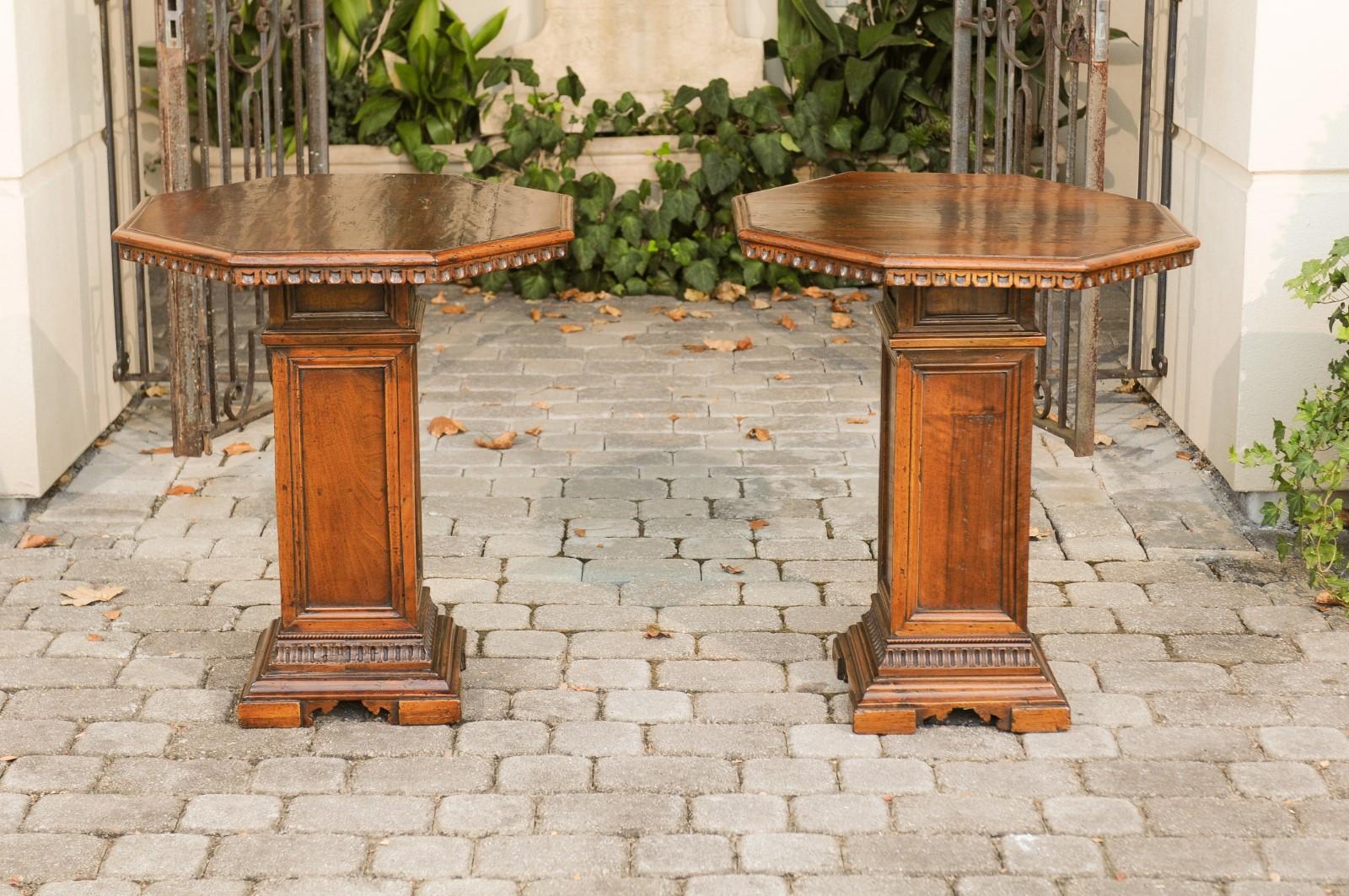 Pair of Italian 1850s Walnut Octagonal Pedestal Carved Tables with Single Door 3