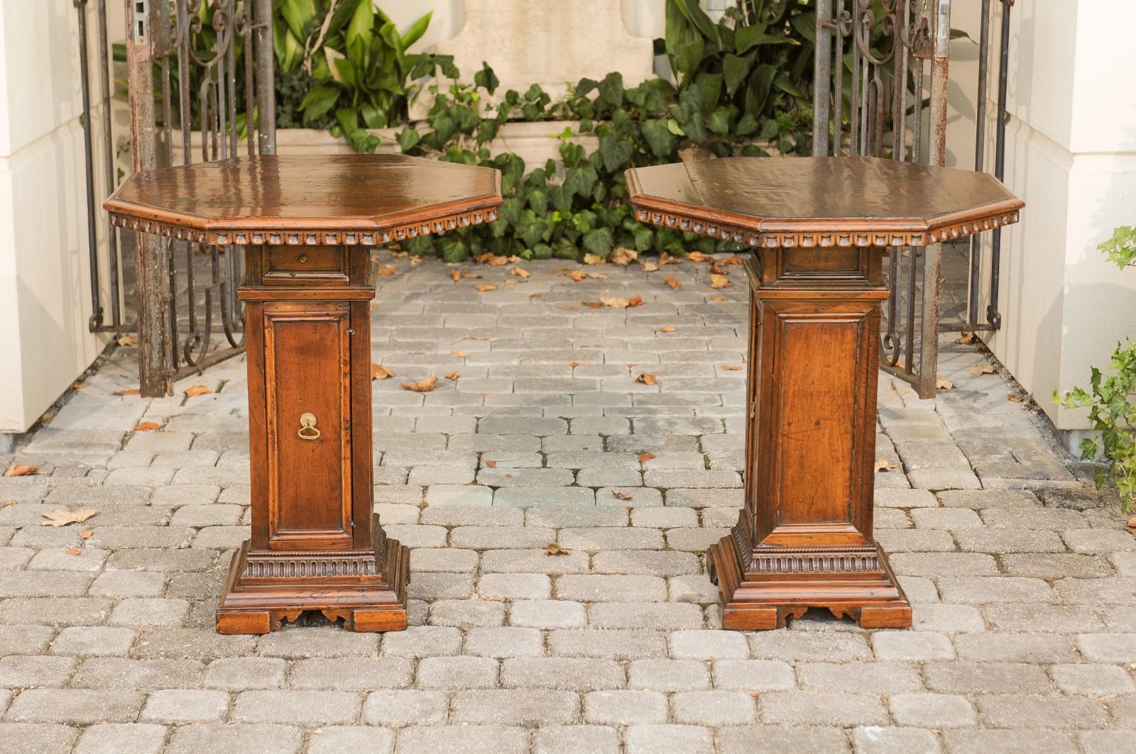 Pair of Italian 1850s Walnut Octagonal Pedestal Carved Tables with Single Door 4